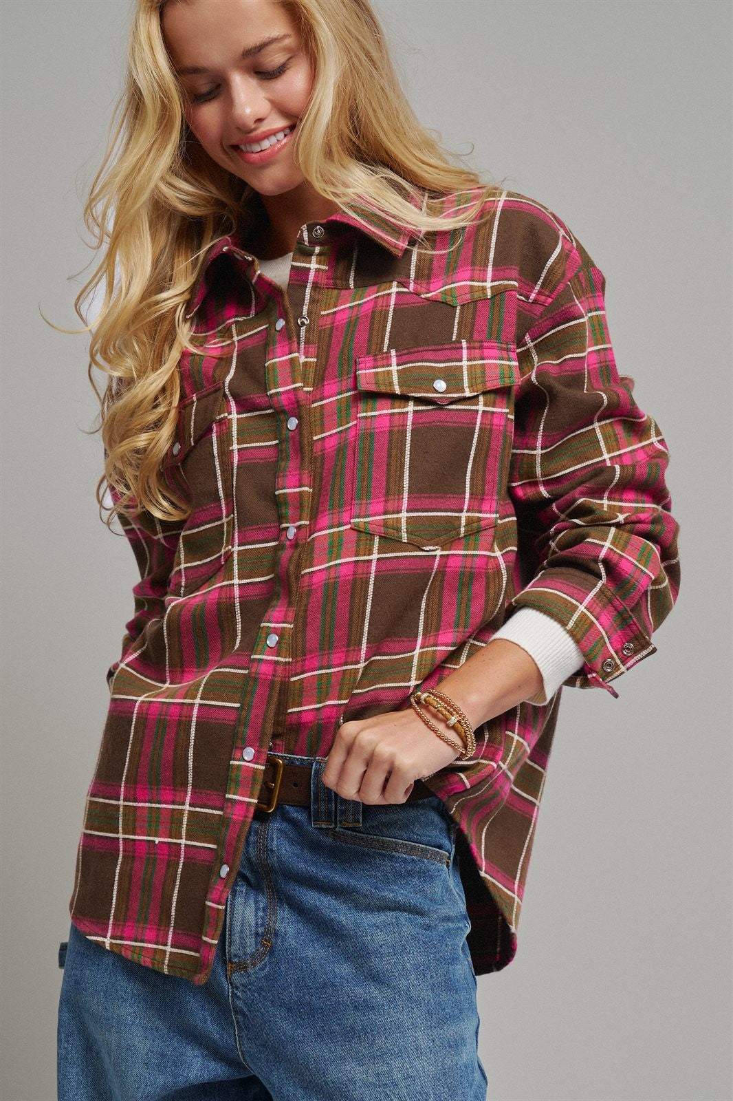 Oversized Plaid Button-Up Flannel Shirt w Pockets in BROWN MULTI - Women's Shirts & Blouses | Urban Daizy