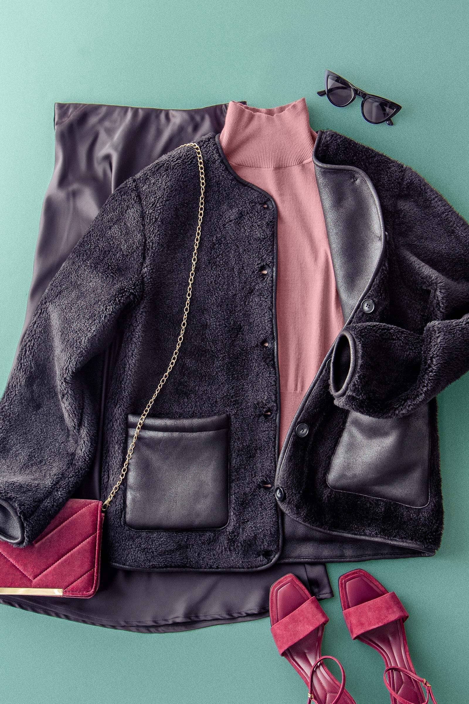 Faux Shearling Jacket with Suede Pockets