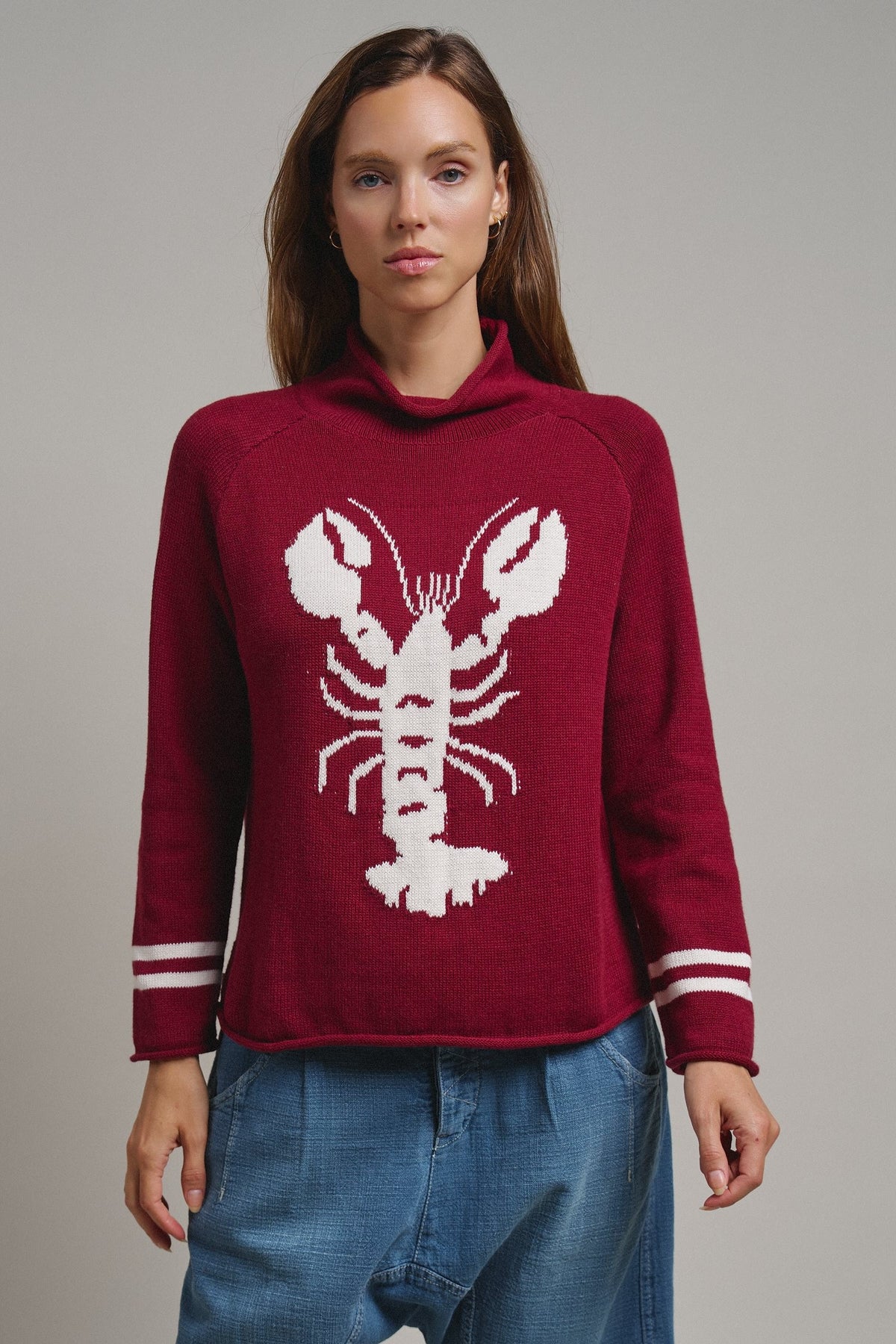 Lobster Intarsia Mock Neck Knit Sweater in BURGUNDY - Women's Sweaters | Urban Daizy