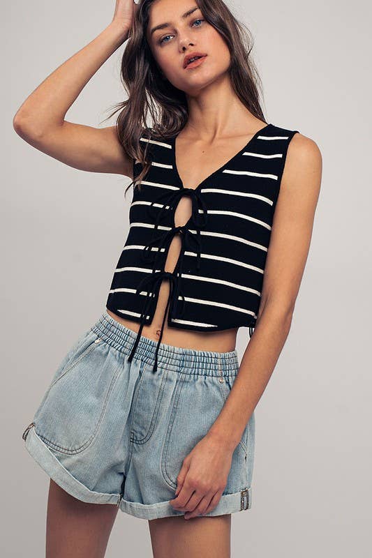 Urban Daizy Striped Tie-Front Cropped Knit Top Black White Knit Top - Women's (UDZ-TP-00750) – alternate view 23
