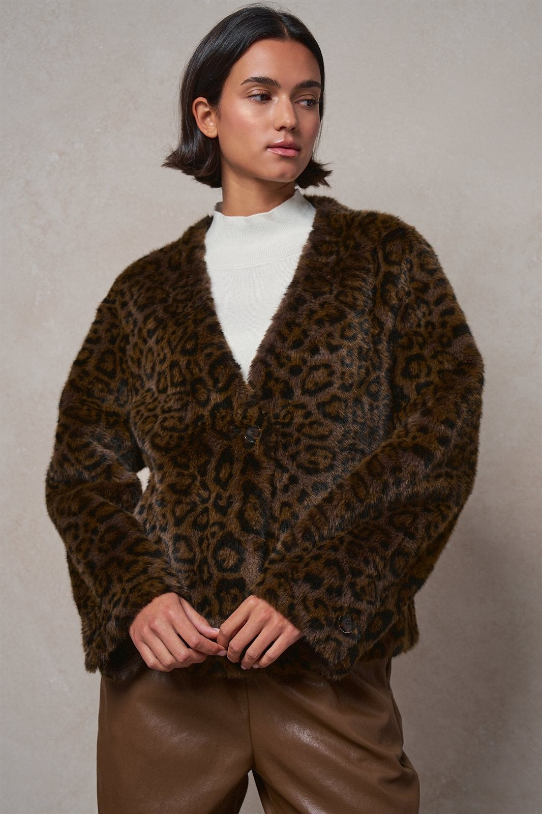 Leopard Print Faux Fur V-Neck Jacket in BROWN - Women's Jackets & Blazers | Urban Daizy