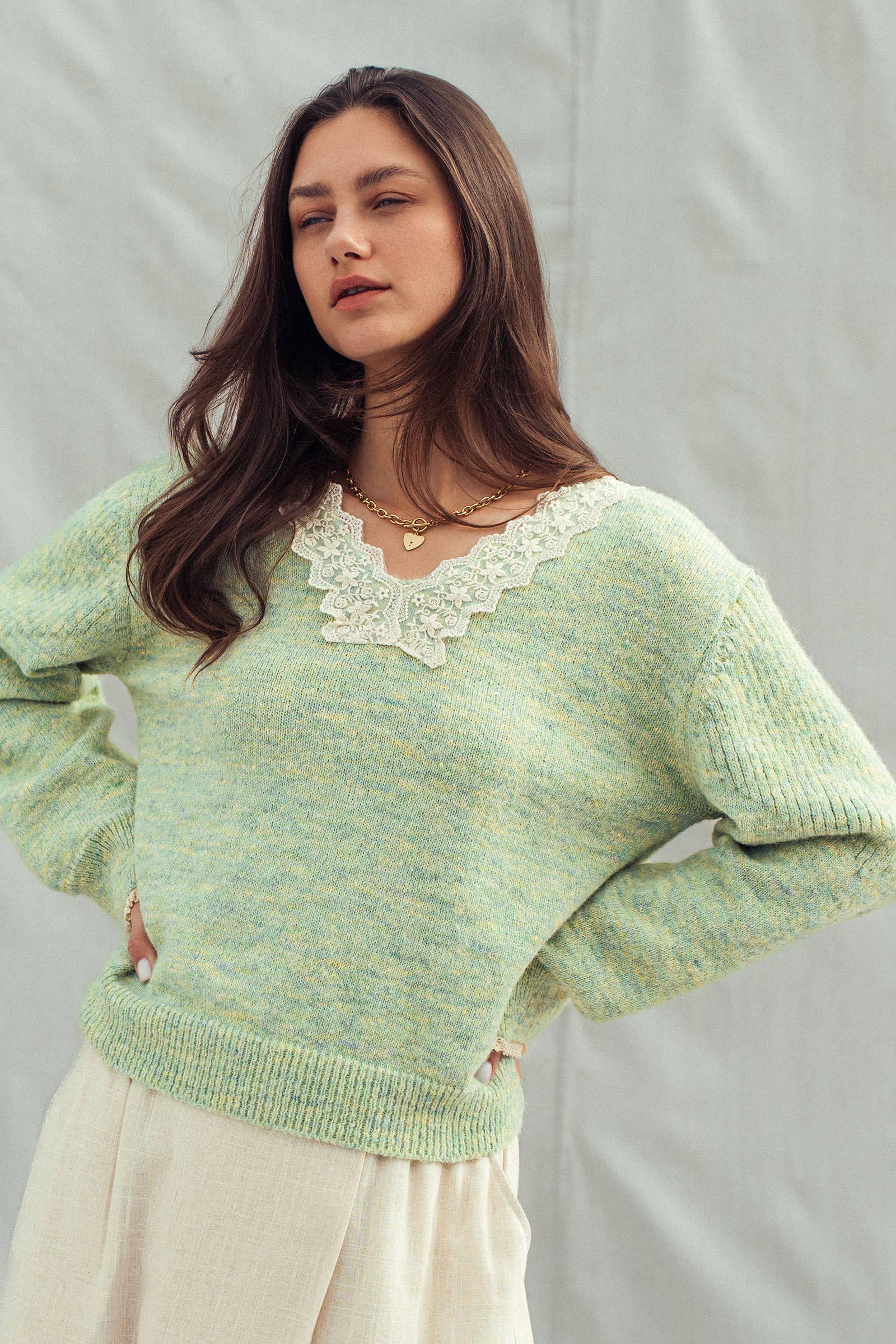 Lace Trim V-Neck Heathered Knit Sweater