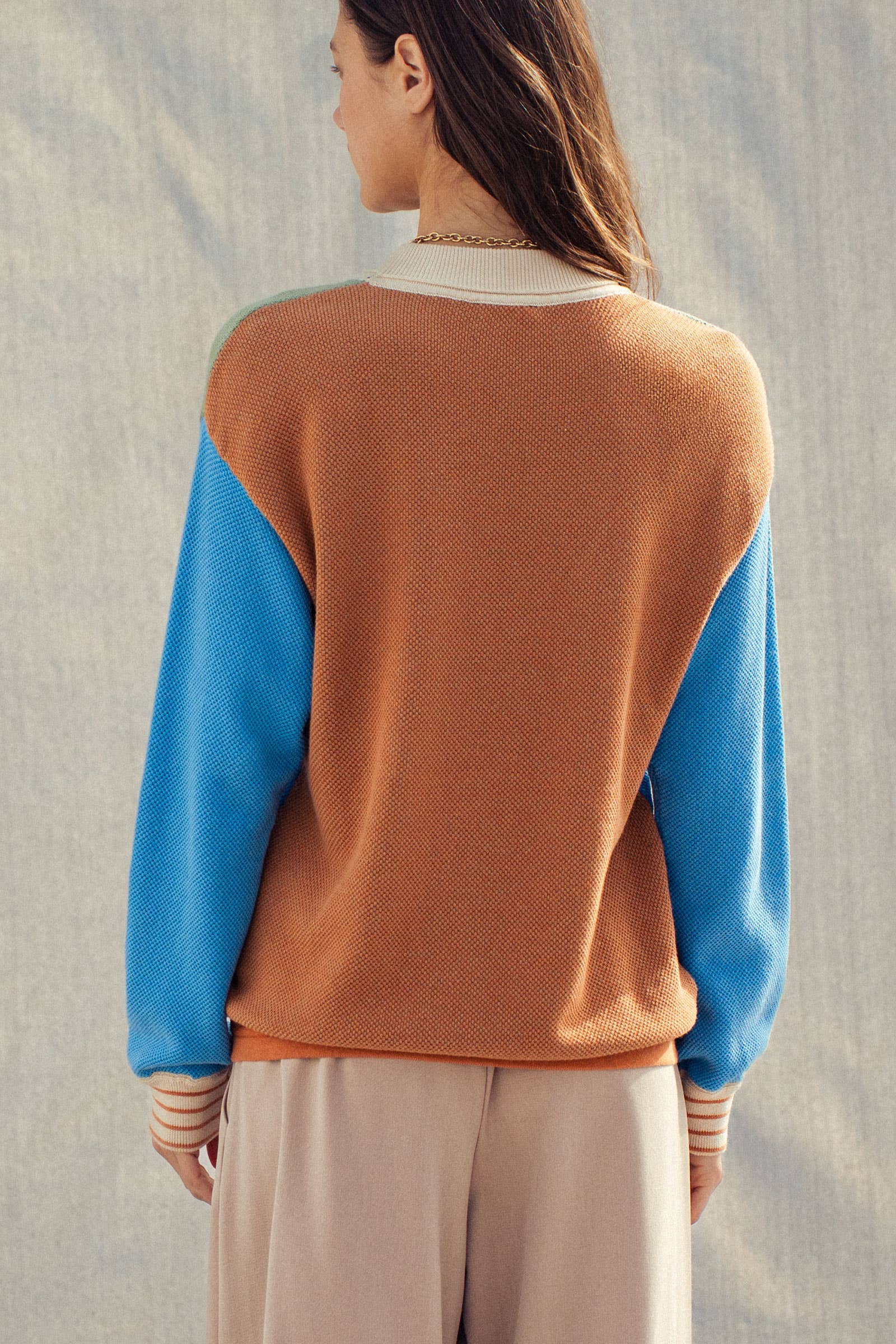 Urban Daizy Striped Cuff Colorblock Crewneck Sweater Rust-Multi Knit Sweater - Women's (UDZ-KN-00957) – alternate view 6