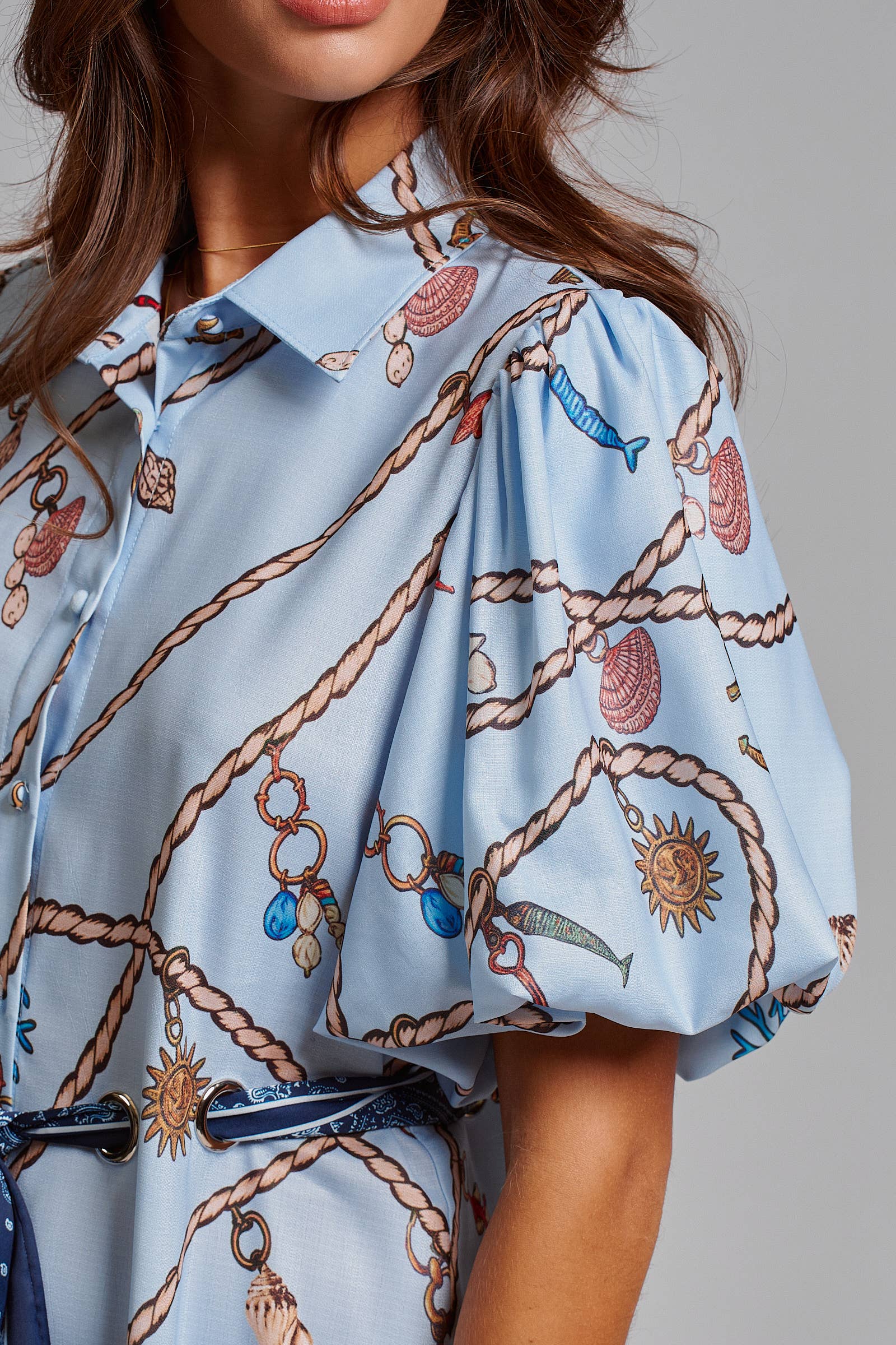 Nautical Motif Puff Sleeve Shirt Dress