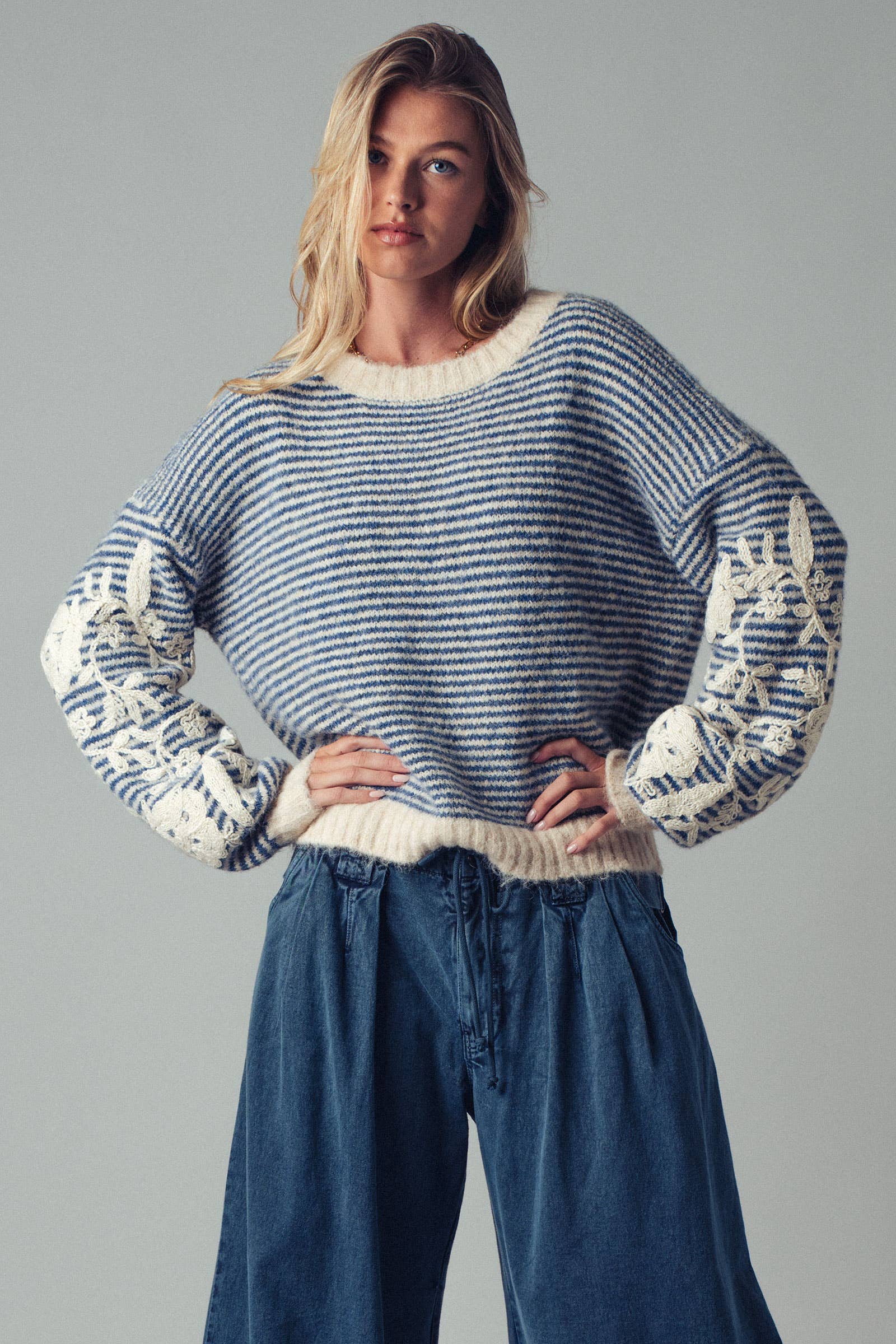 Urban Daizy Floral Embroidered Striped Knit Sweater Brown Knit Sweater - Women's (UDZ-TP-00814) – alternate view 18