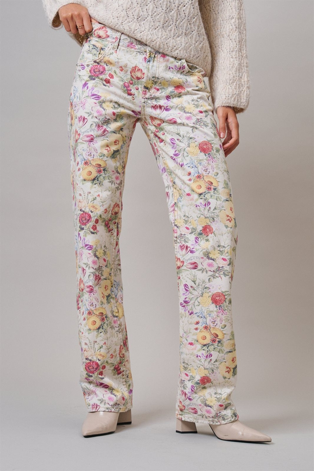 Floral Print Straight Leg Casual Pants in IVORY MULTI - Women's Casual Pants | Urban Daizy