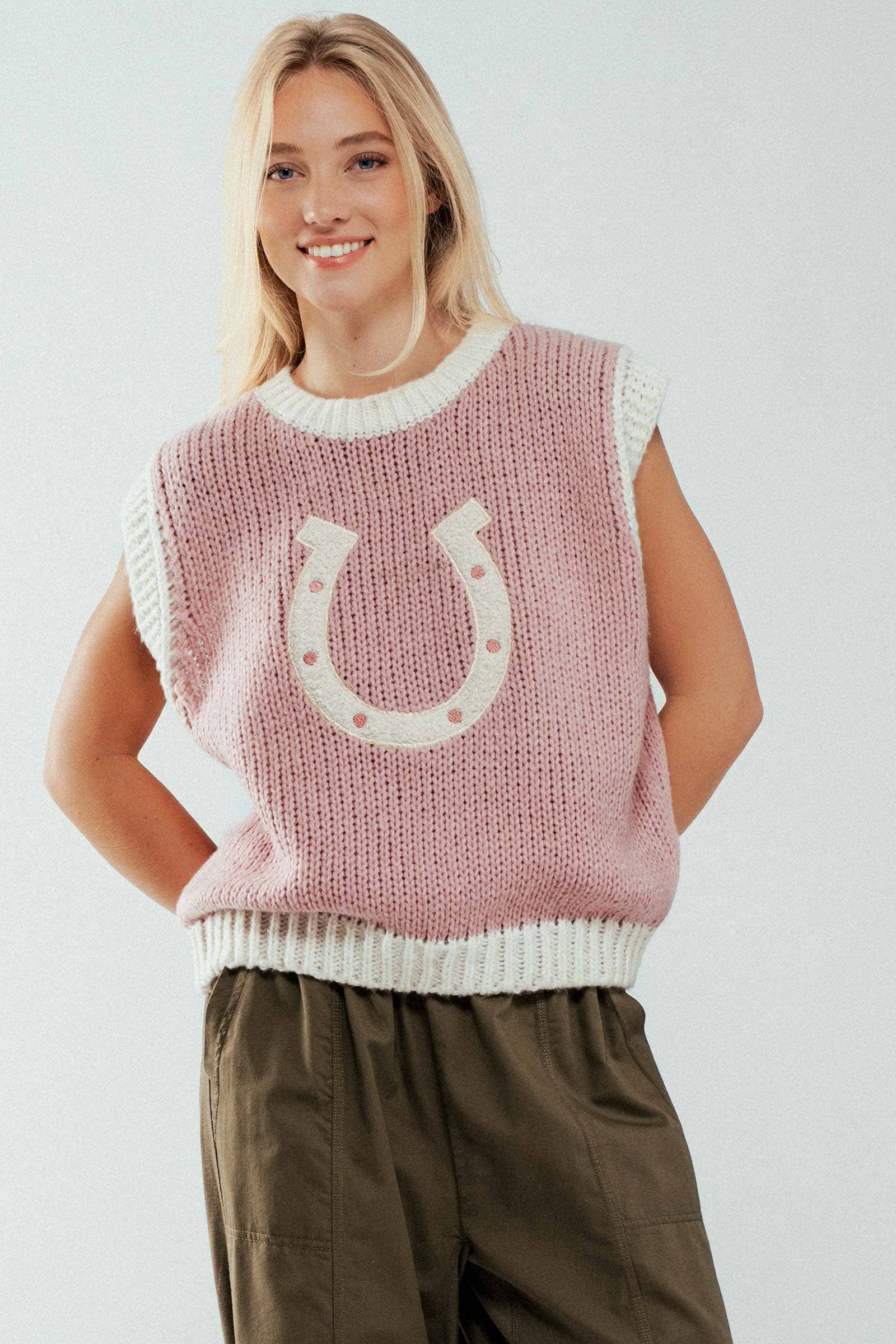 Urban Daizy Western Horseshoe Crochet Knit Ribbed Trim Sweater Vest Mocha Sweater Vest - Women's (UDZ-KN-00574) –…