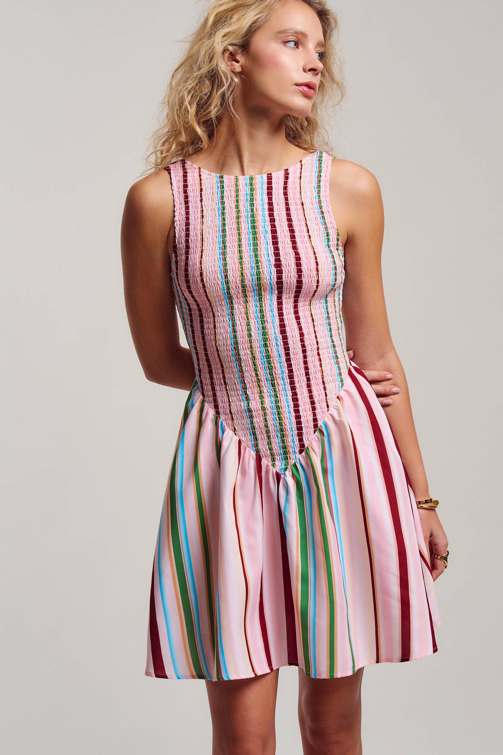 Urban Daizy Sorbet Stripe Smocked Bodice Sleeveless Mini Dress Muiti Dress - Women's (UDDR0349-Muiti)