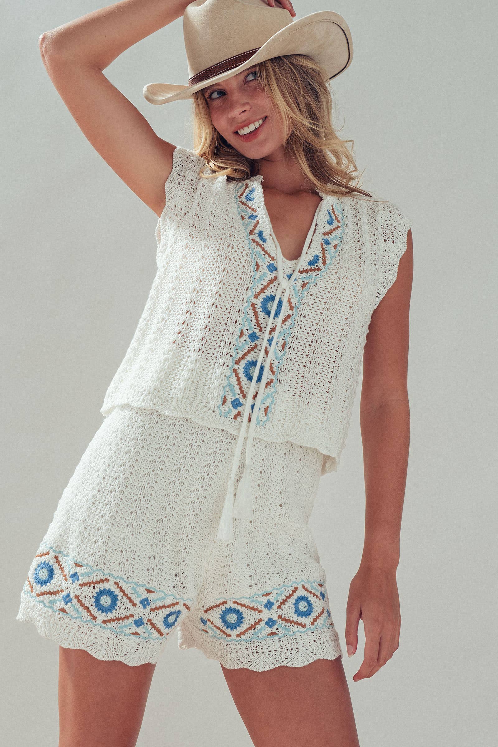 Geometric Embroidered Crochet Knit Top And Shorts Set