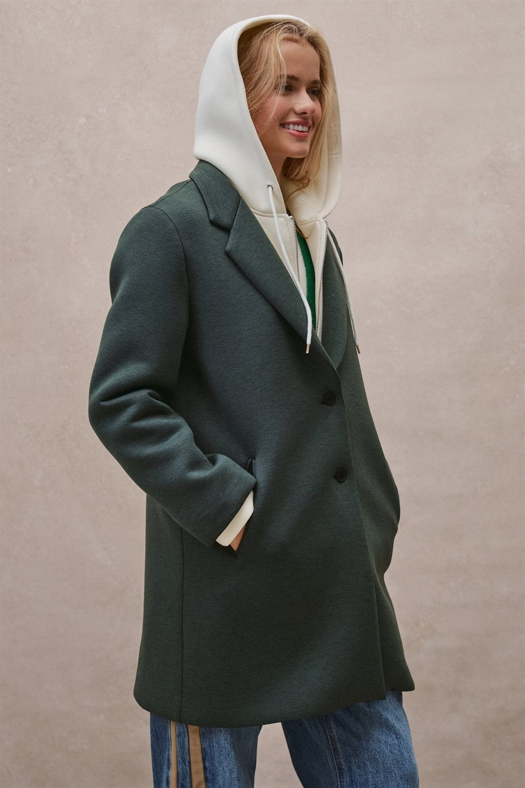Scuba Topcoat with Detachable Hoodie in OLIVE - Women's Coats | Urban Daizy