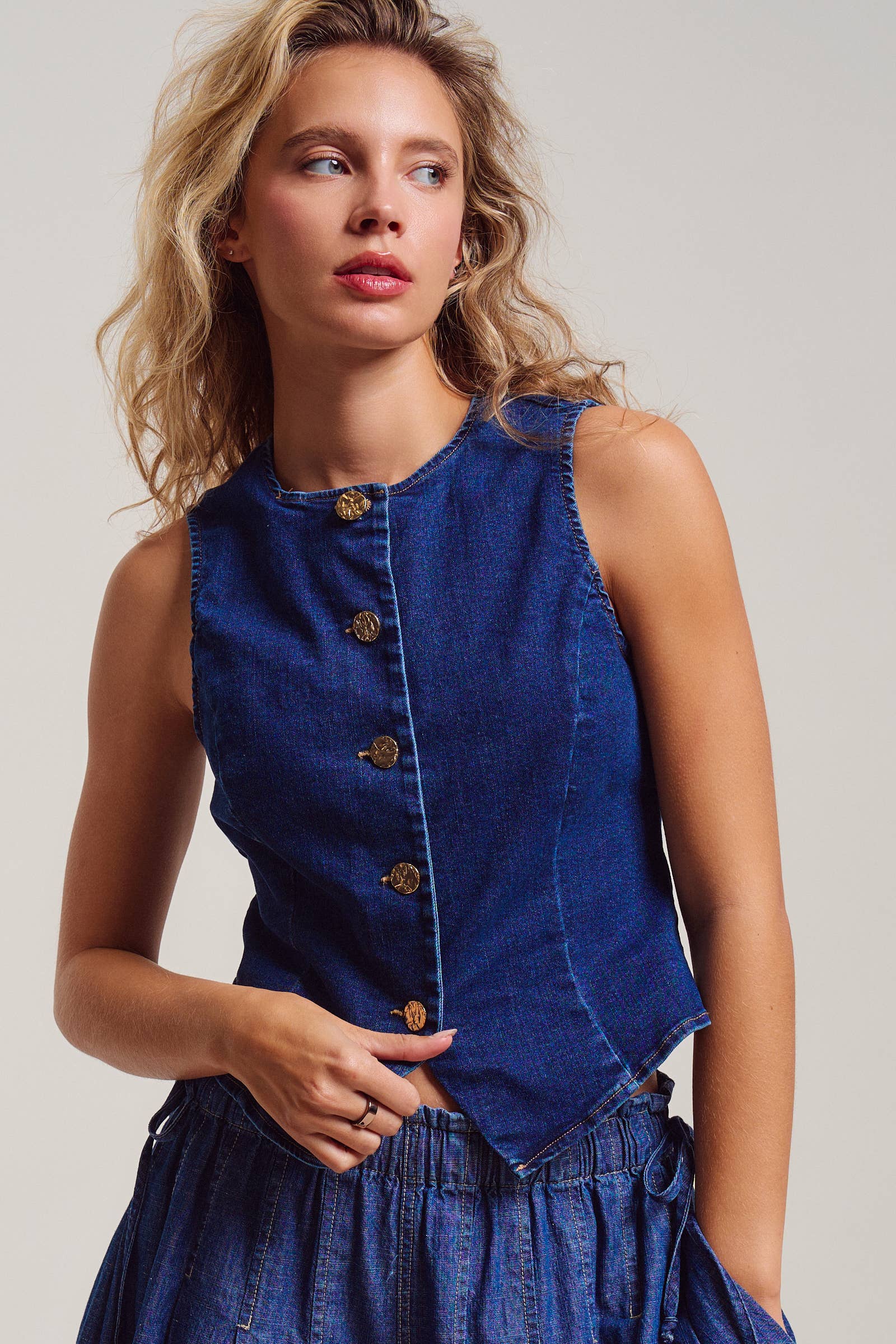 Fitted Gold Button Front Denim Vest