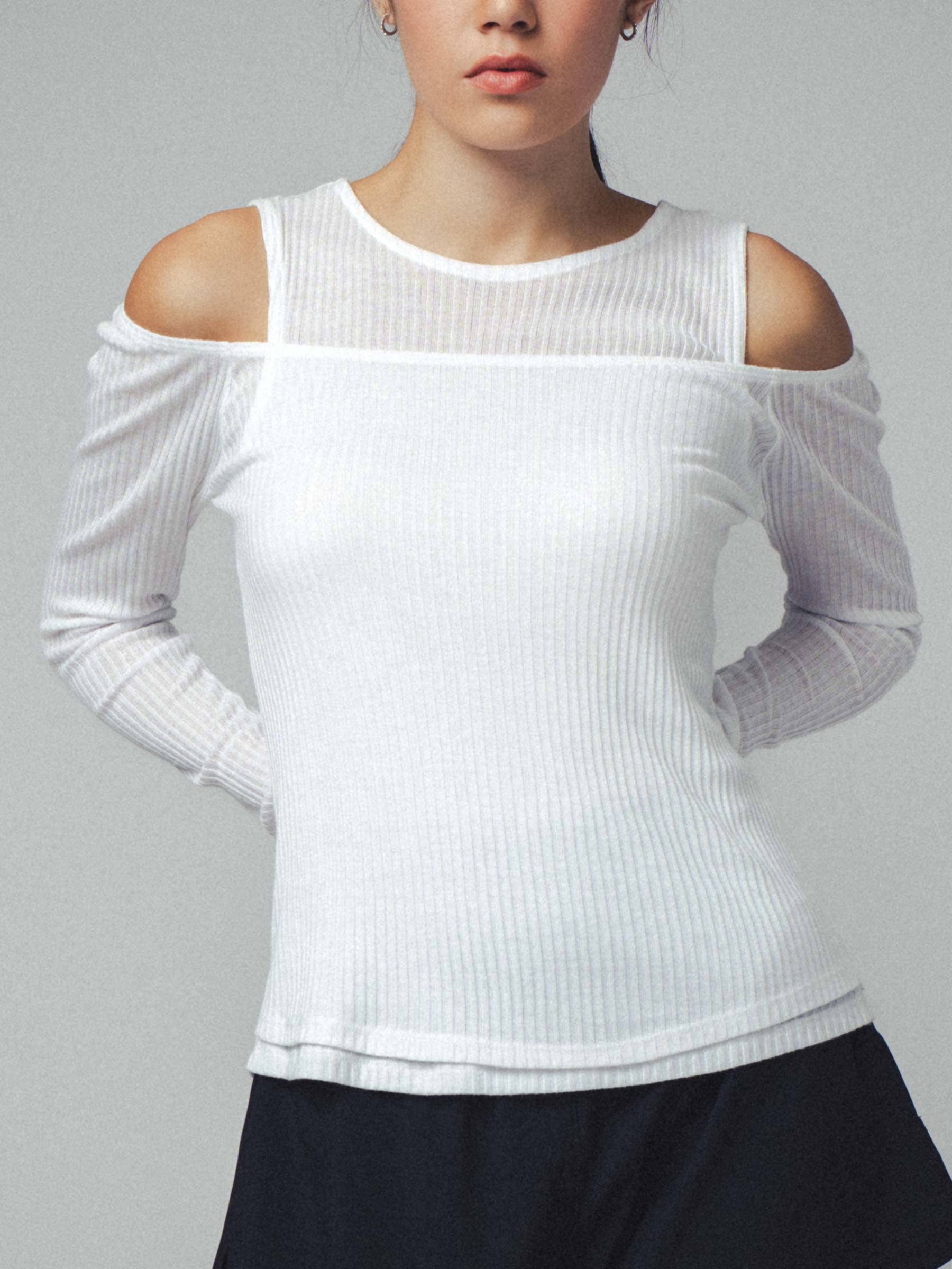 Urban Daizy Layered Ribbed Knit Off-Shoulder Long Sleeve Top Black Tank Top - Women's (UDZ-TP-00229) – alternate view 3