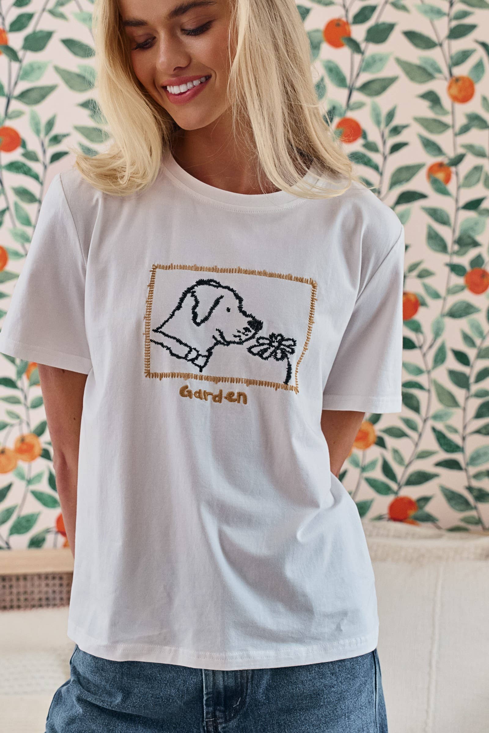 Whimsical Dog & Daisy Embroidered Cotton Tee