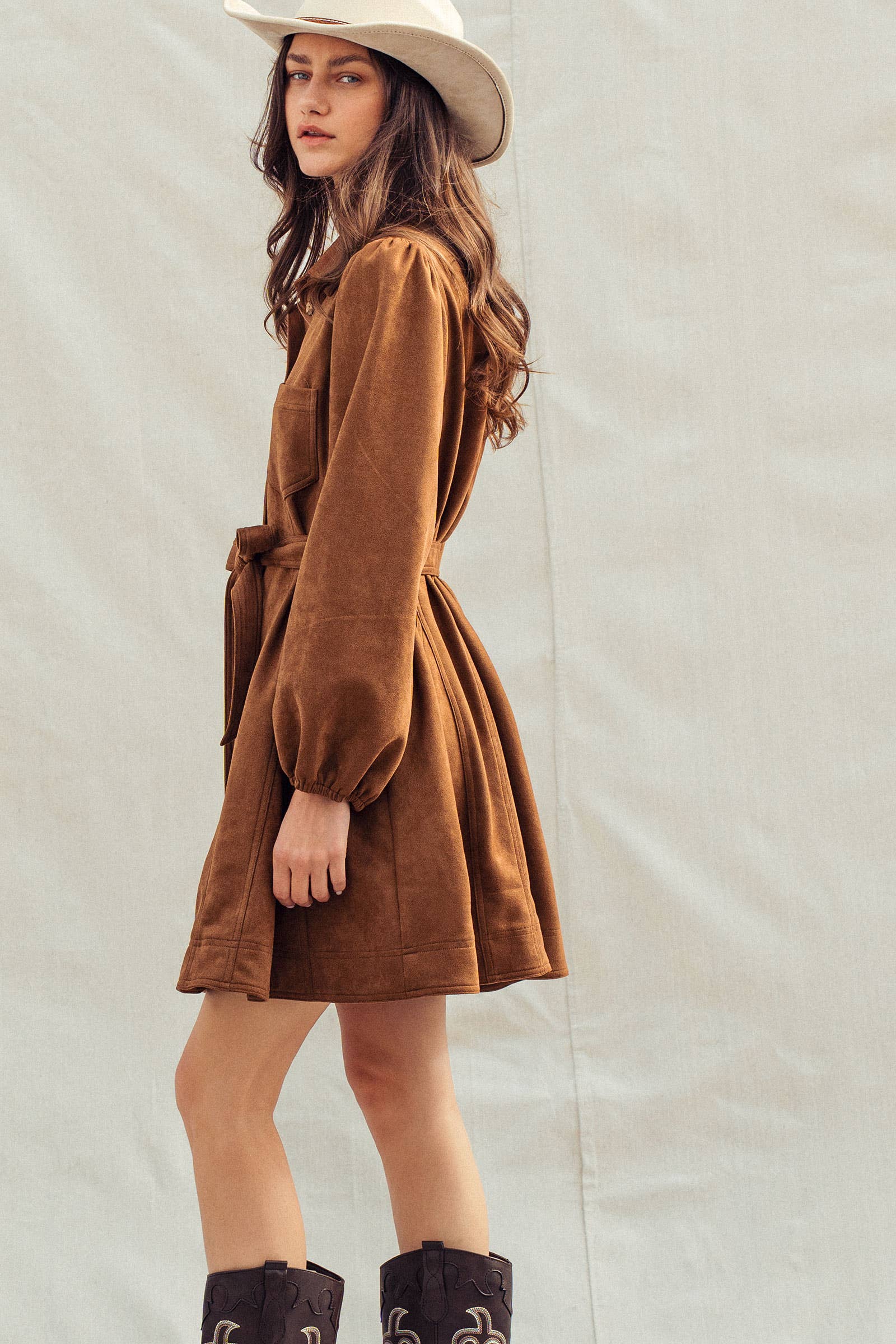 Western Suede Shirt Mini Dress–Belted Waist, Puff Sleeves