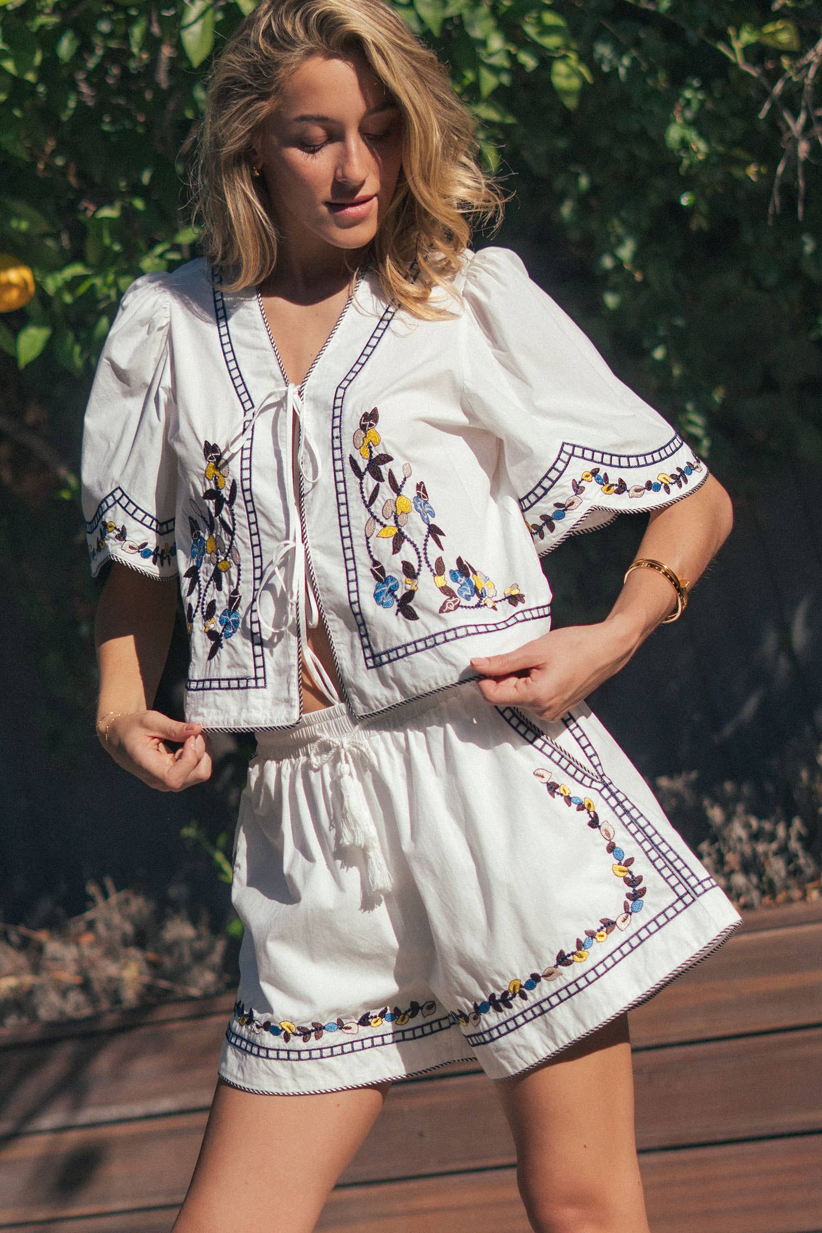 Urban Daizy Floral Embroidered Tie Front Cotton Top Navy Blouse - Women's (UDZ-TP-01014) – alternate view 3