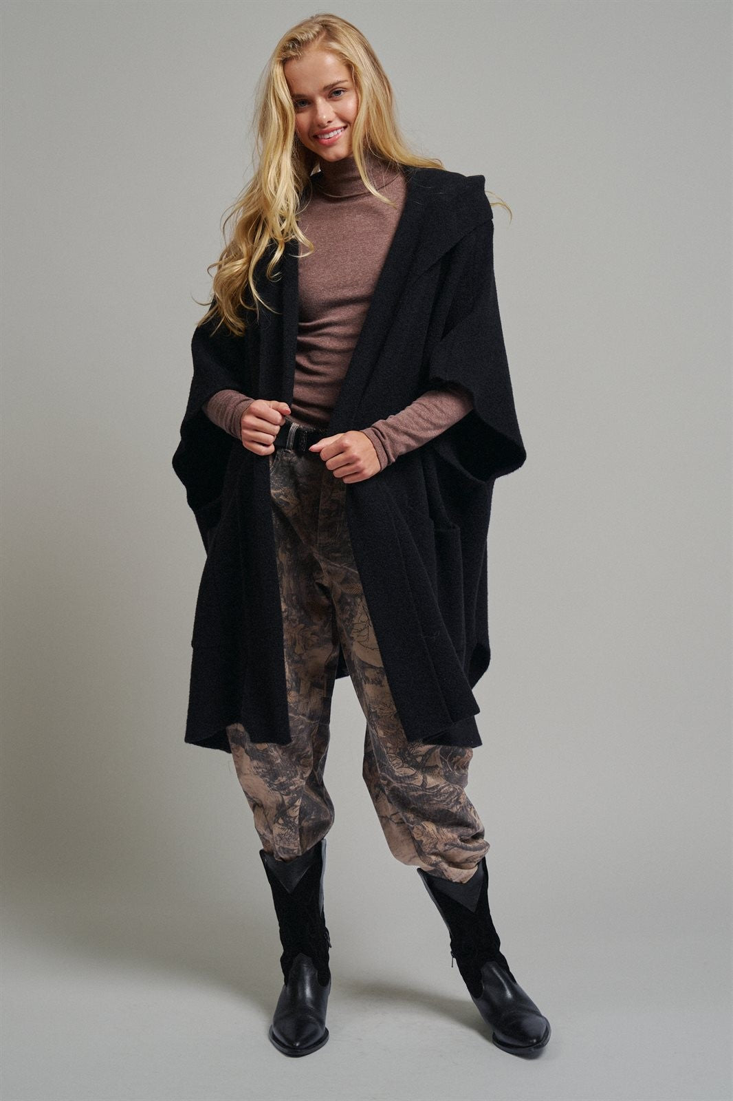 Oversized Wide Collar Open Front Poncho Cardigan in BLACK - Women's Cardigans & Shrugs | Urban Daizy