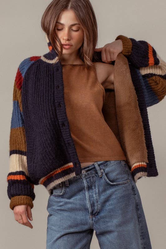 Urban Daizy Chunky Rib-Knit Faux Fur Lined Cardigan Navy Cardigan - Women's (UDZ-KN-00652) – alternate view 10