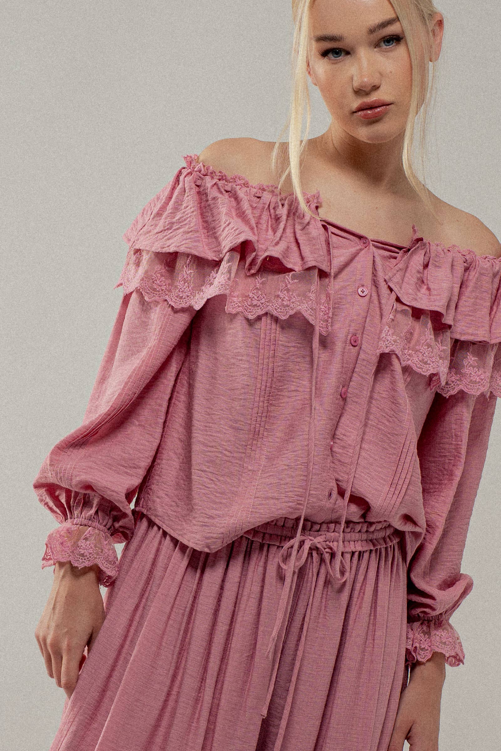 Lace Trim Ruffle Tie Neck Spring Blouse Top