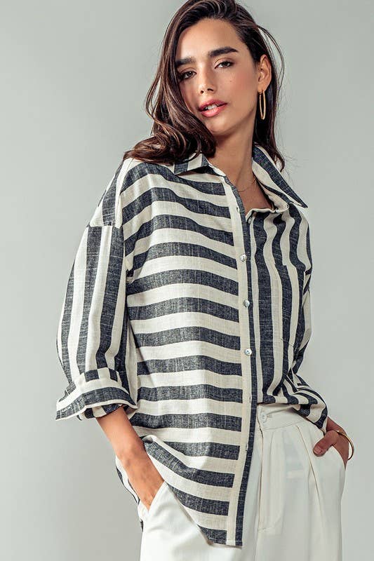 Urban Daizy Mixed Stripe Pattern Oversized Button Down Shirt Taupe Button Down Shirt - Women's (UDZ-TP-00049) – alternate…