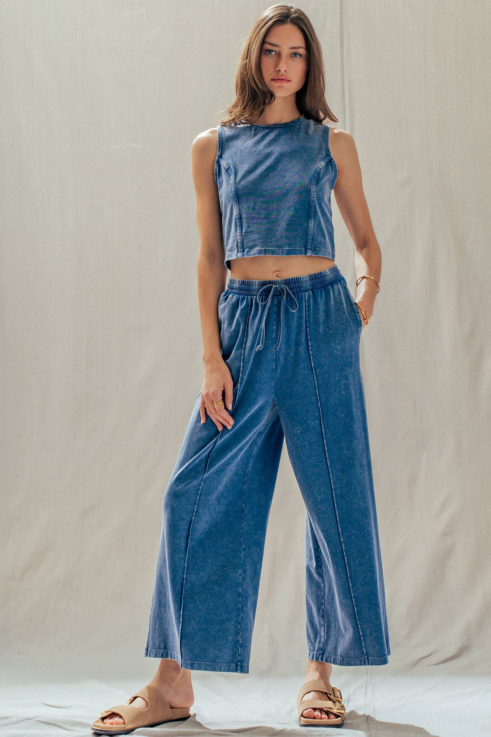Mineral Wash Cotton Crop Tank & Wide Leg Pant Set