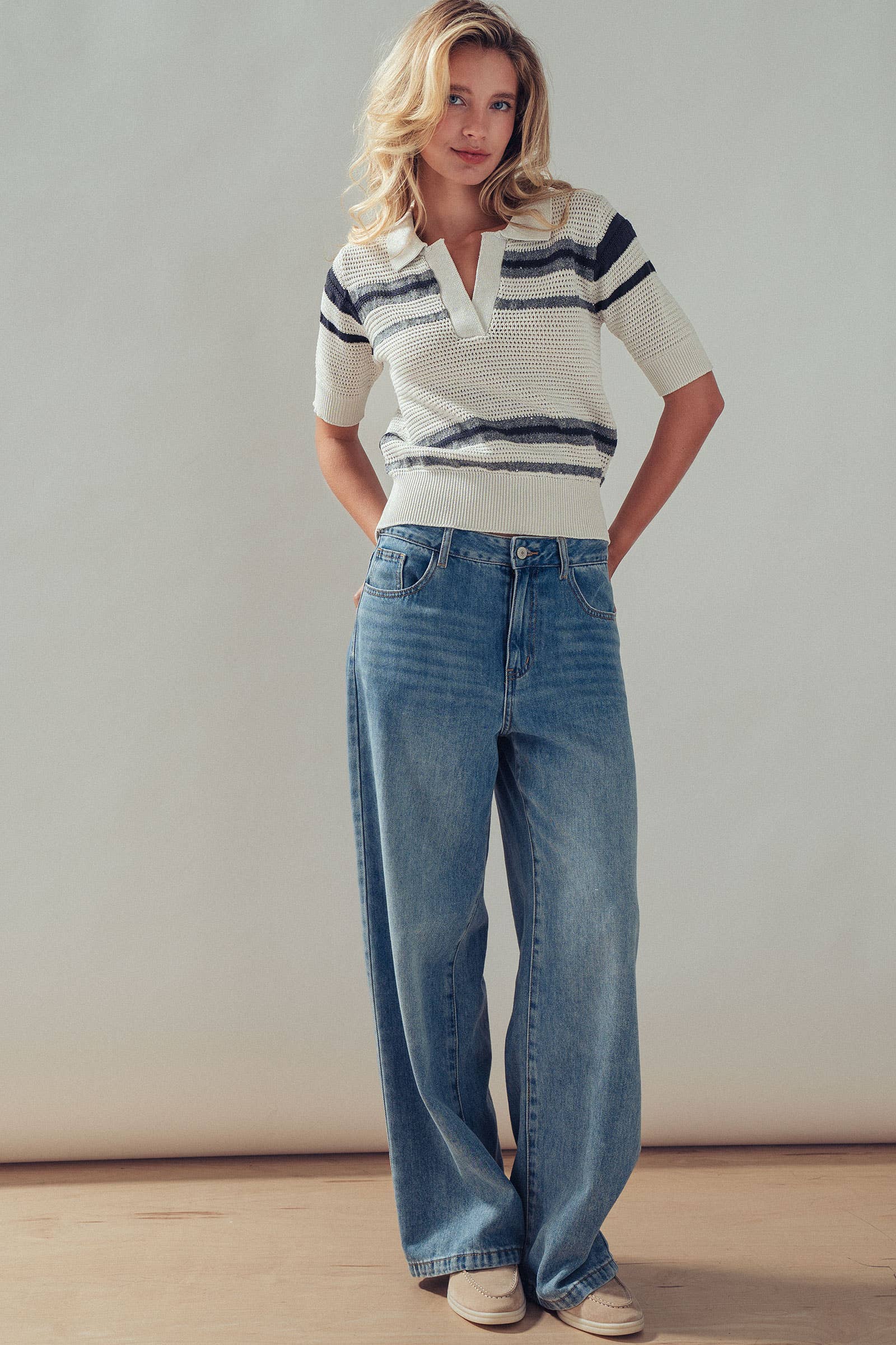 Striped V-Neck Short Sleeve Knit Polo