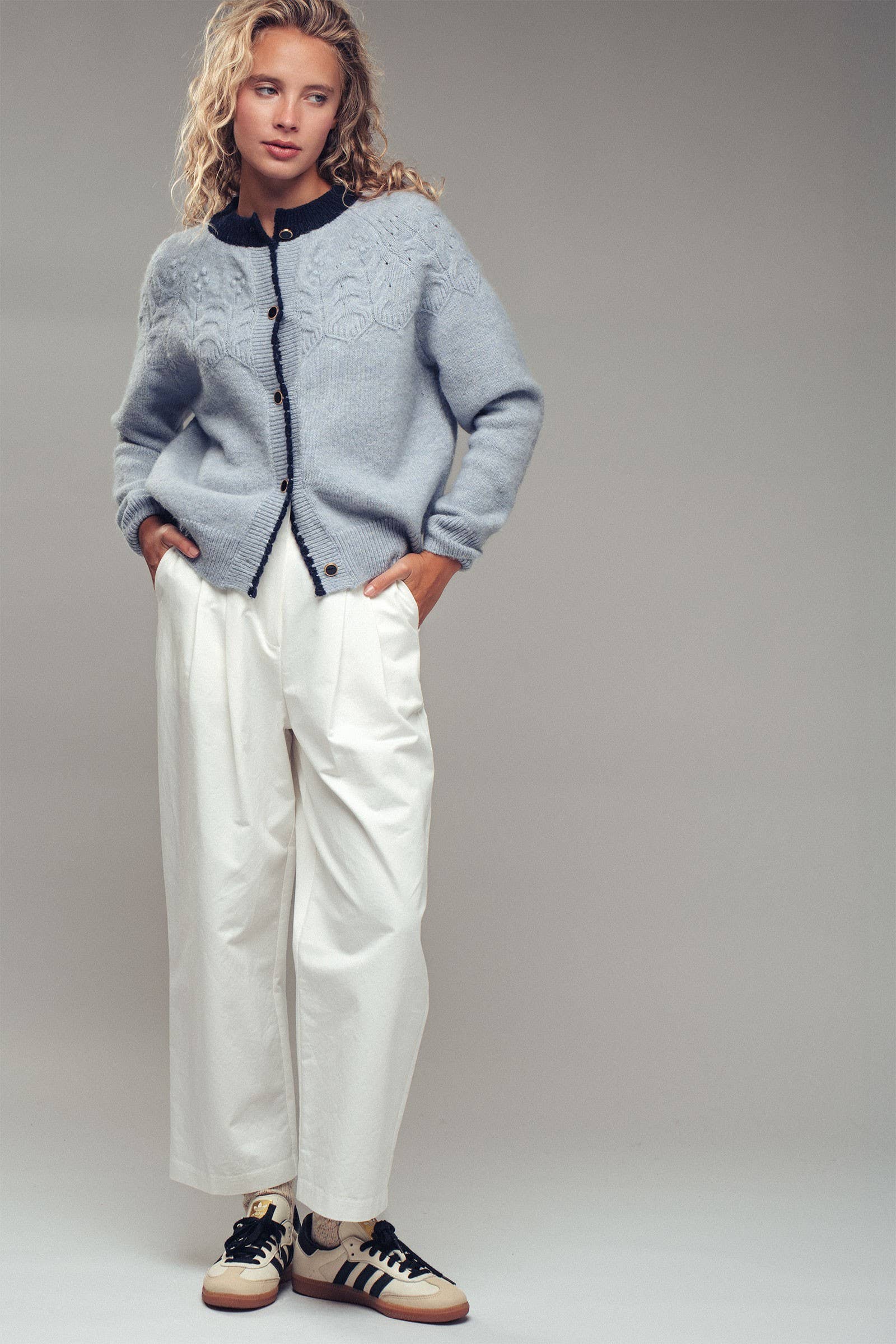 Textured Yoke Contrast Trim Knit Cardigan | wholesale cardigan - women's | Urban Daizy