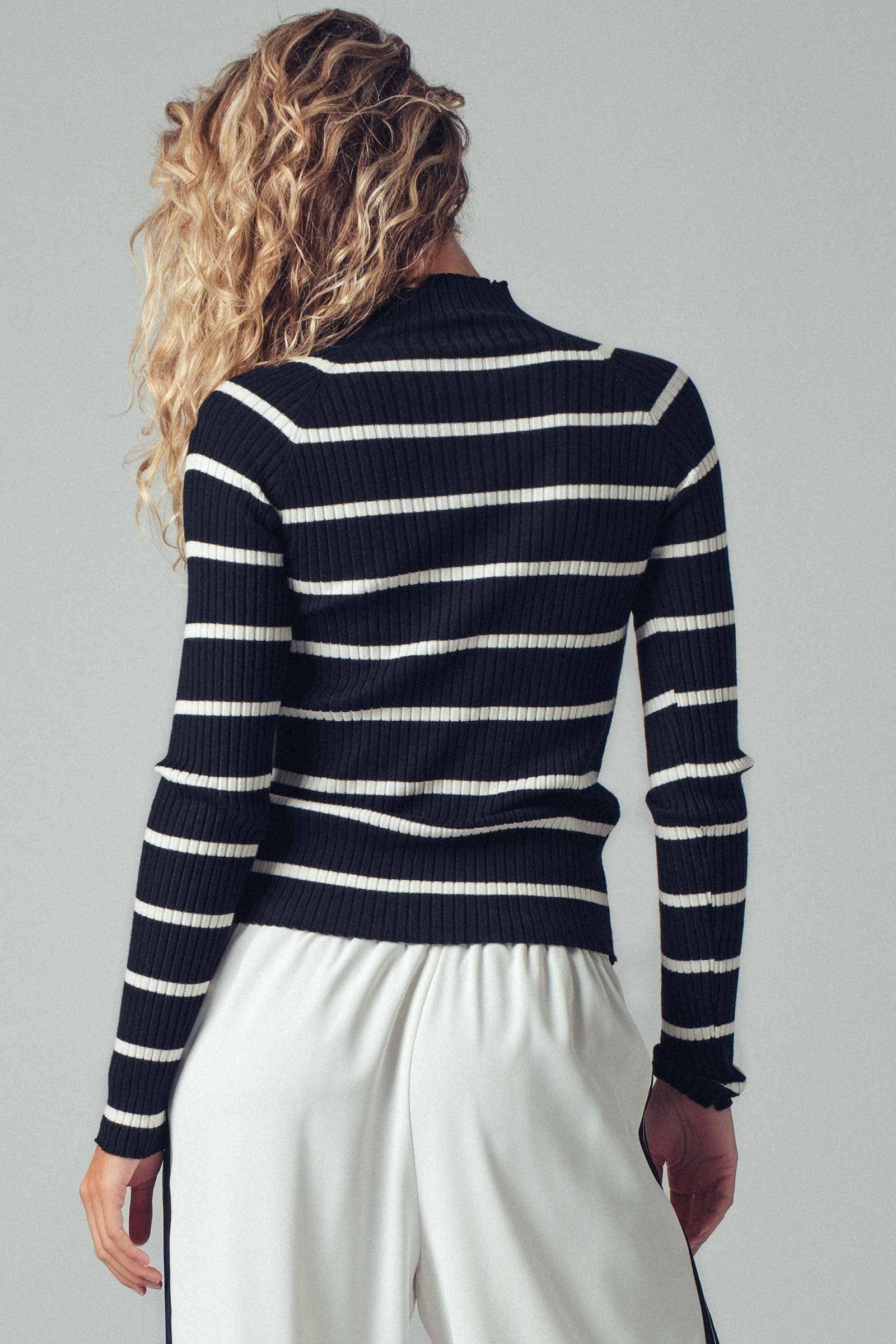 Striped Mock Neck Ribbed Sweater