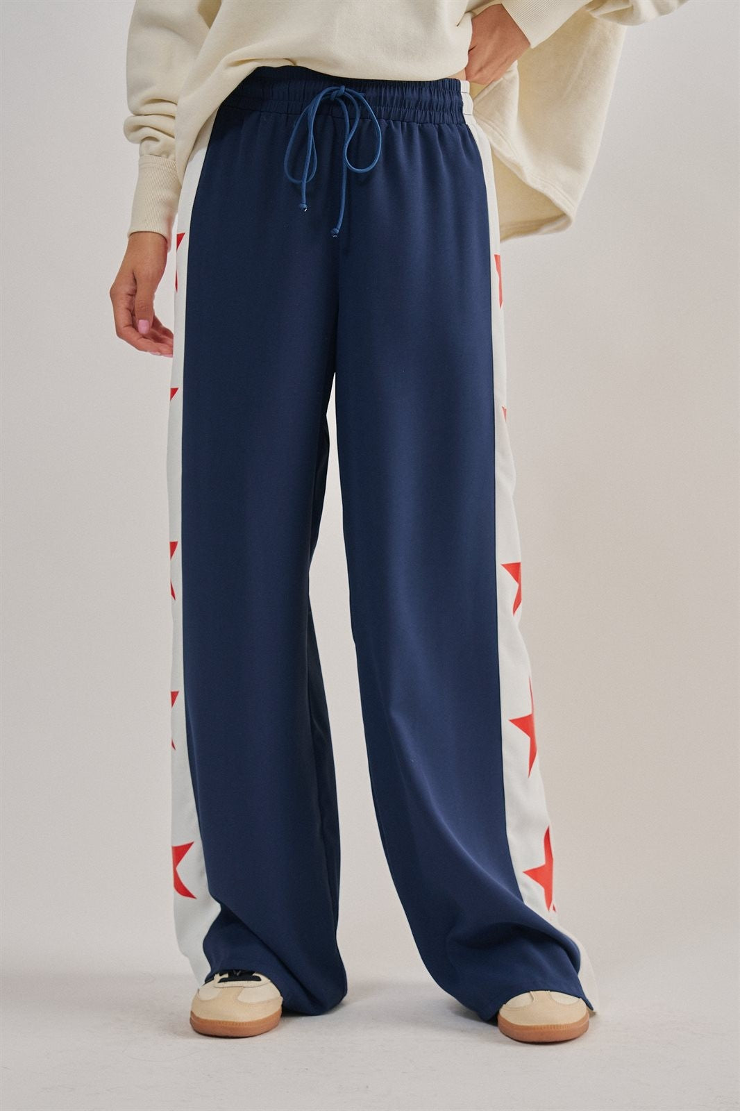 USA Star Side Stripe Wide-Leg Track Pants in NAVY - Women's Casual Pants | Urban Daizy