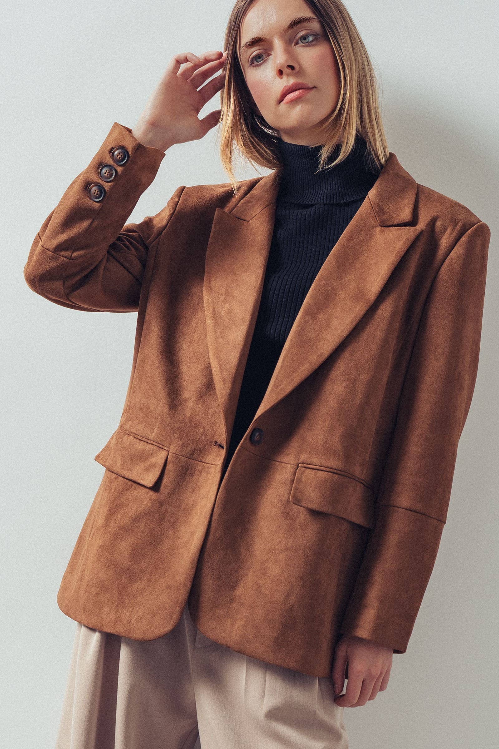 Relaxed Fit Notched Lapel Faux Suede Blazer
