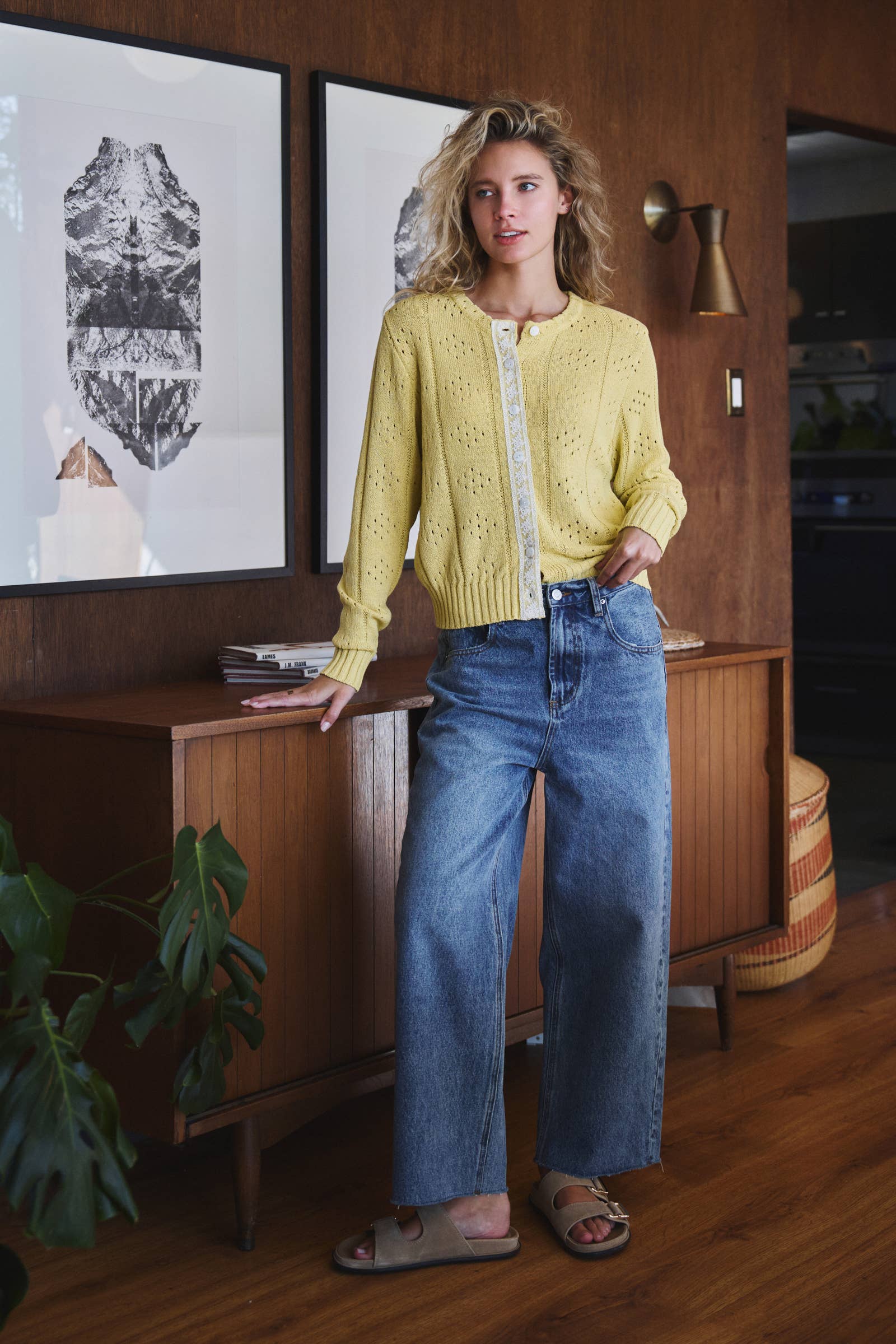 Urban Daizy Pointelle Knit Cardigan Lace Trim Button Down Green Cardigan - Women's (UDZ-KN-01051) – alternate view 5