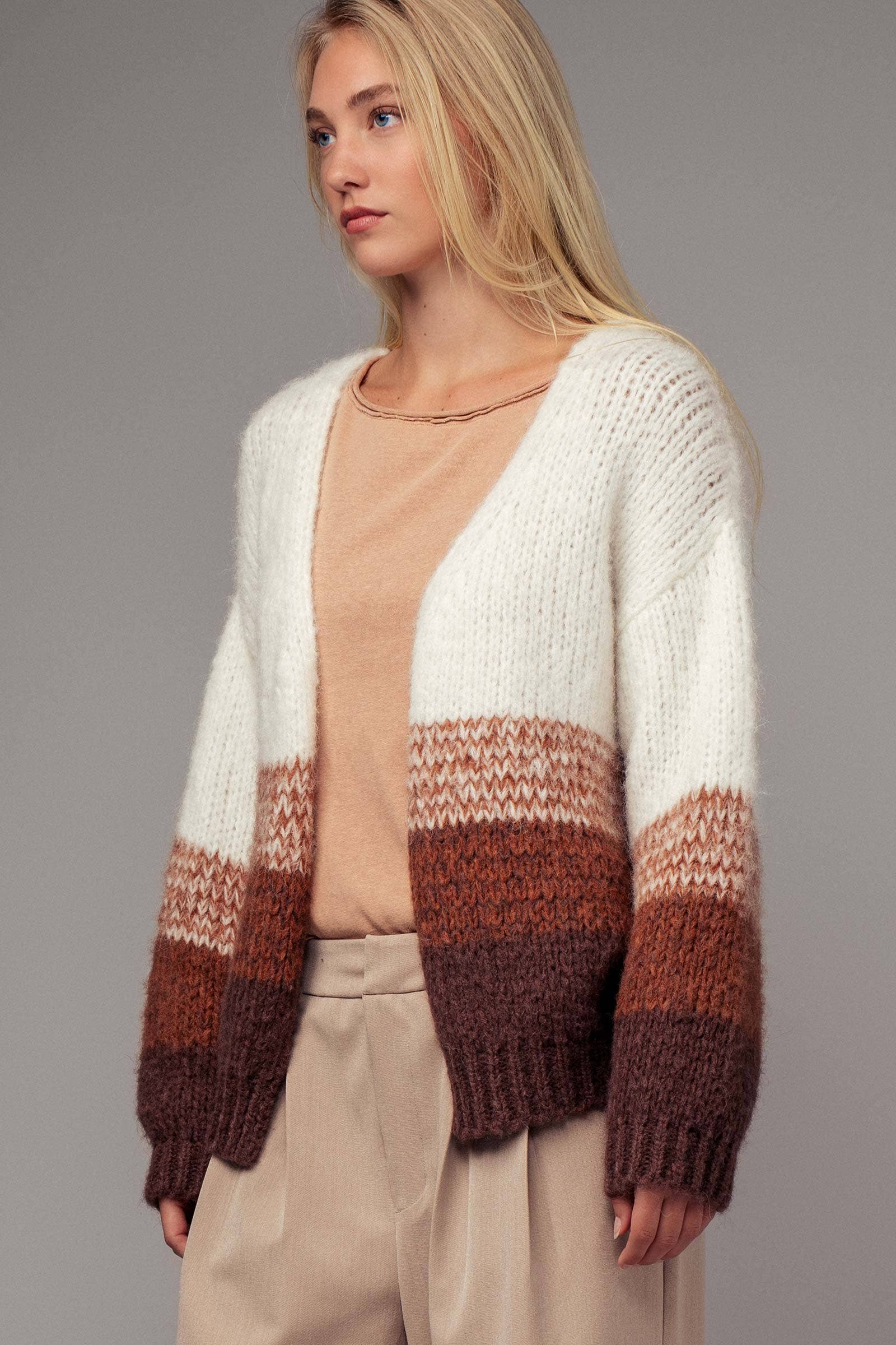 Warm Earthy Colorblock Chunky Knit Cardigan