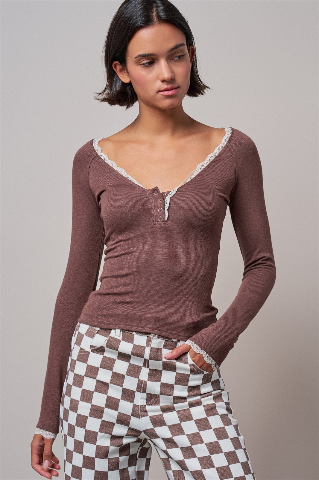 Pretty Little Lace Trim Henley in BROWN - Women's T-Shirts & Polos | Urban Daizy