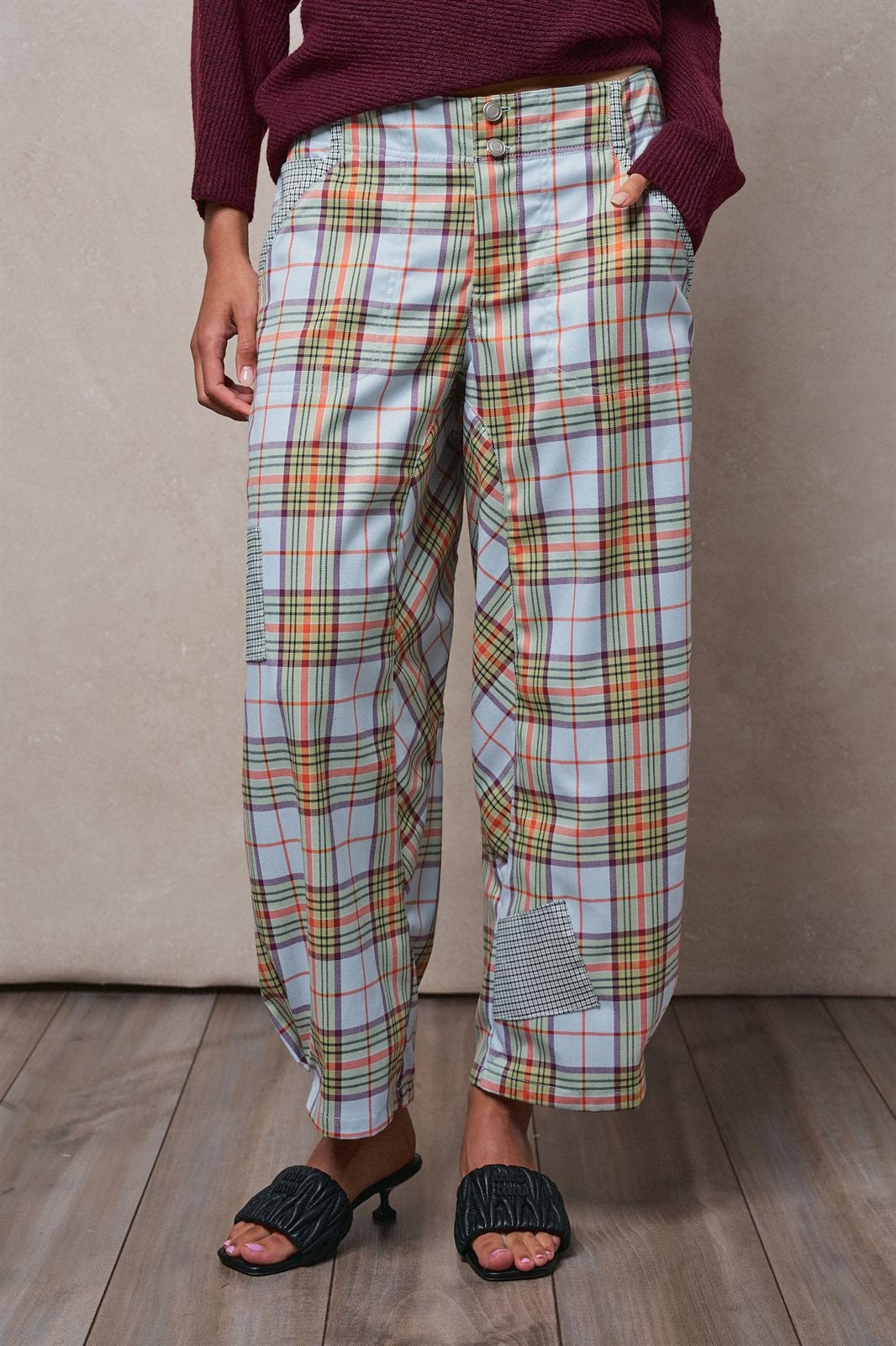 Plaid Barrel Pants Patchwork Western Boho Wide Trousers in GREY - Women's Casual Pants | Urban Daizy