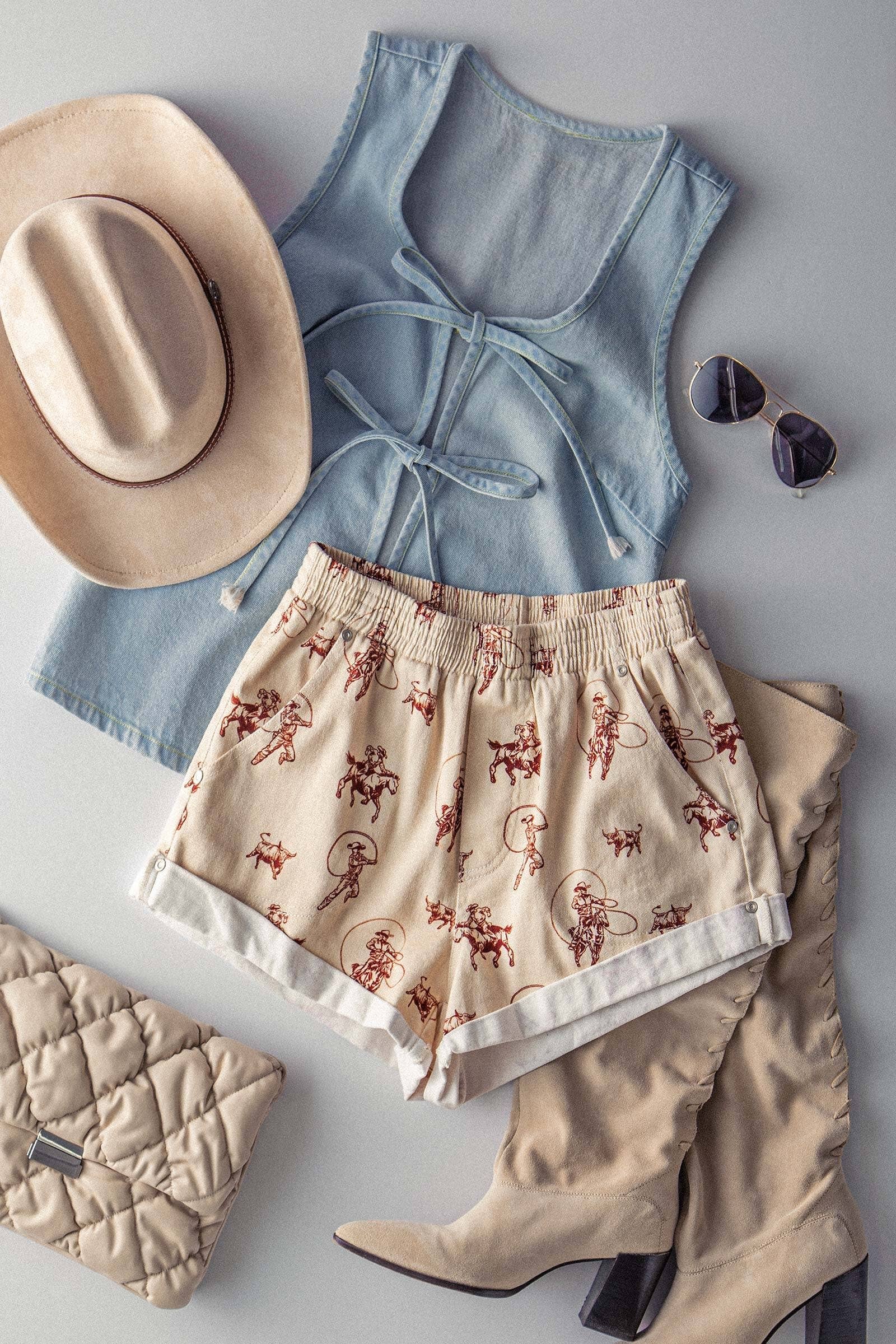 Urban Daizy Western Rodeo Ready Roundup Elastic Waistband Shorts Ivory Shorts - Women's (UDZ-DR-00390) – alternate view 9