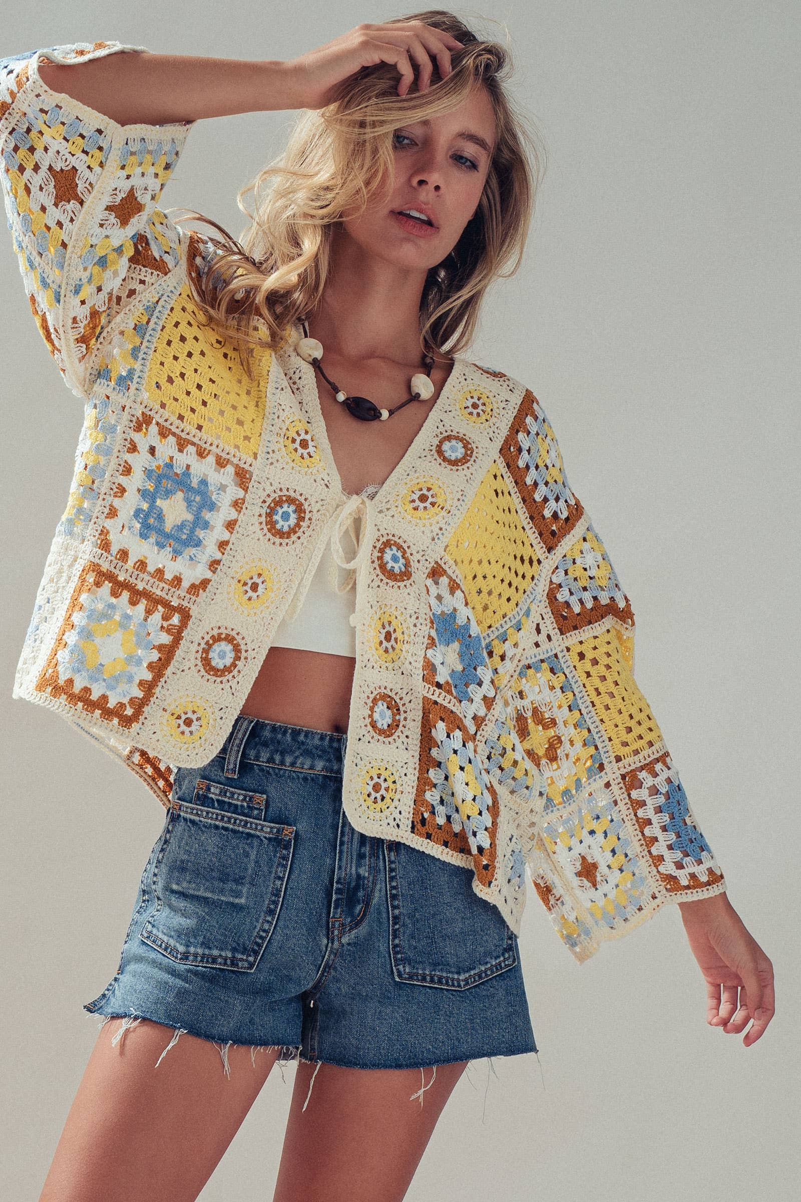 Granny Square Crochet Tie-Front Cardigan