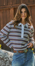 Striped Rugby Polo Long Sleeve Knit Top with Contrast Collar in IVORY BROWN - Women's T-Shirts & Polos | Urban Daizy