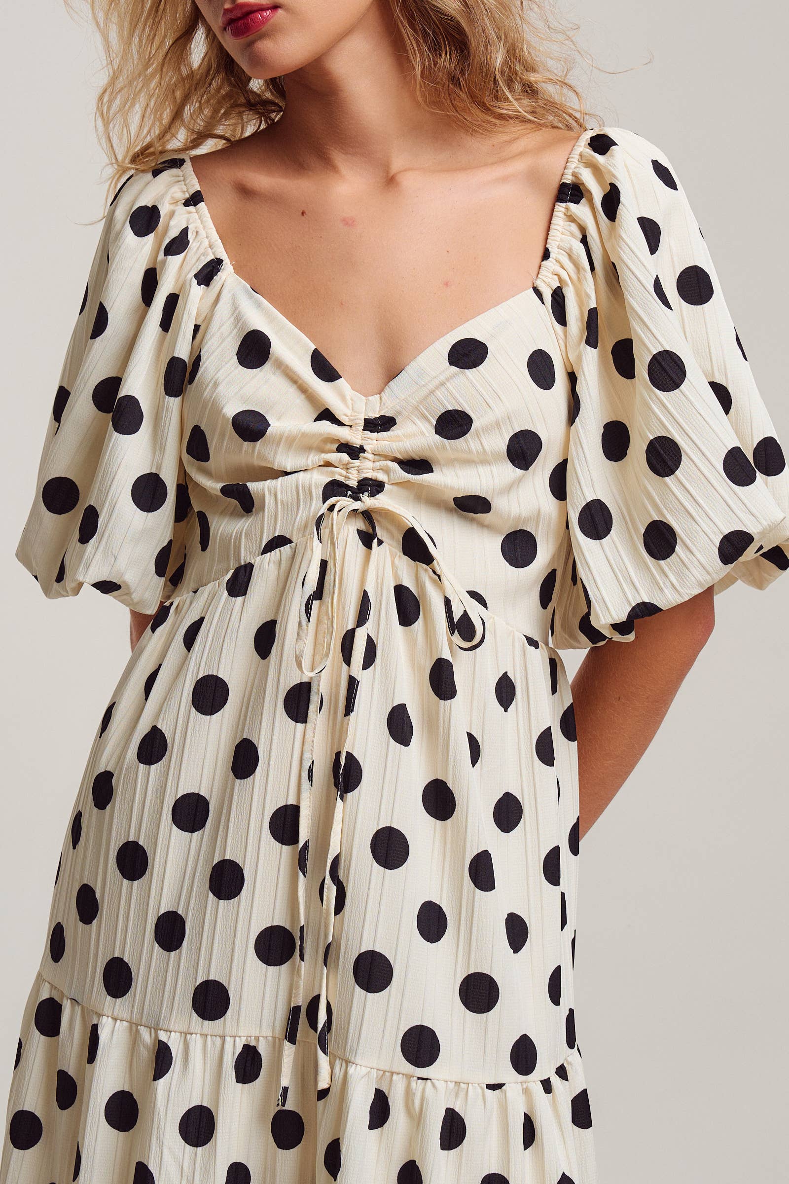 Urban Daizy Textured Polka Dot Tie-Front Puff Sleeve Maxi Dress Ivory Dress - Women's (TNDR1408-Ivory) – alternate view 8