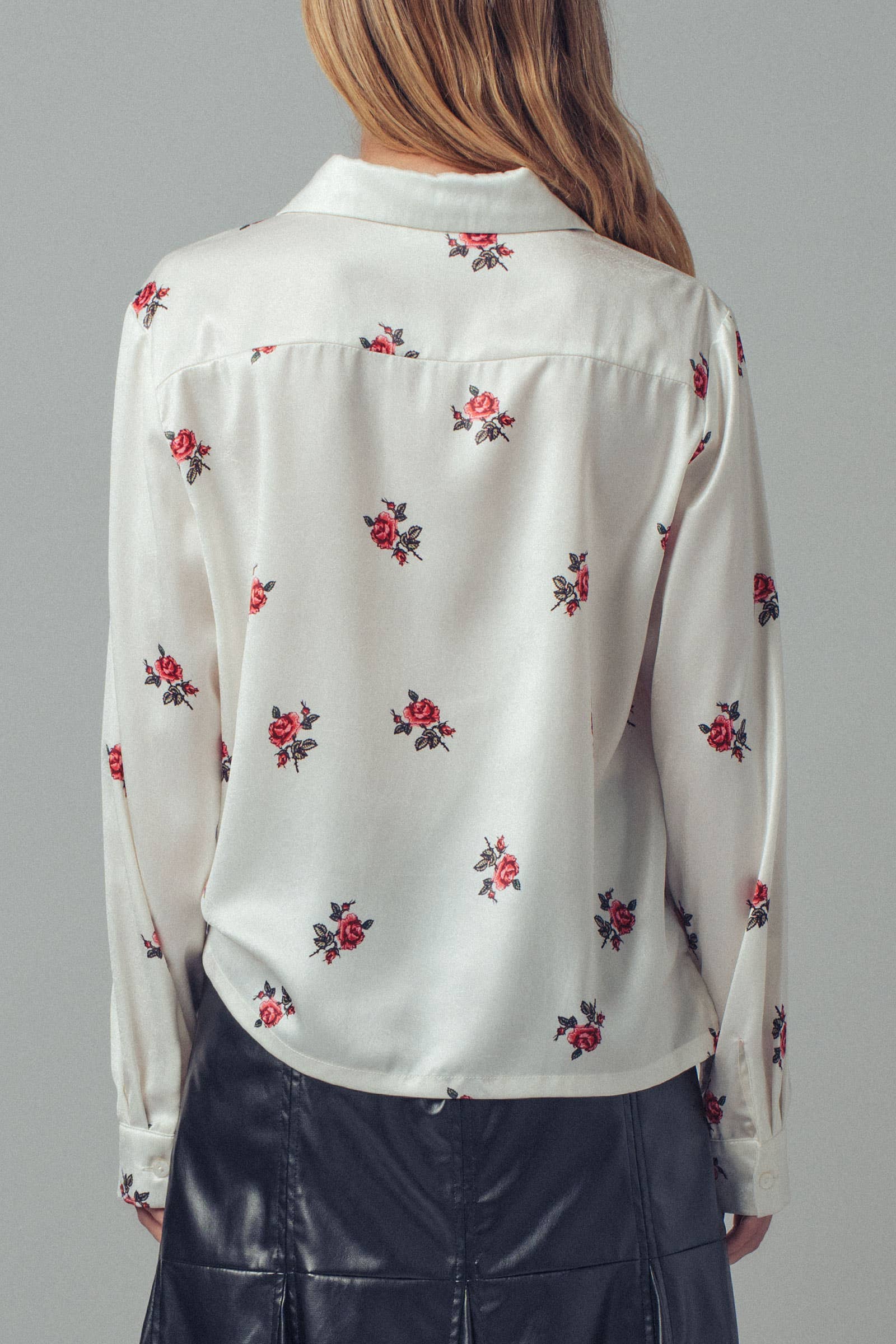Rose Print Satin Button-Up Blouse