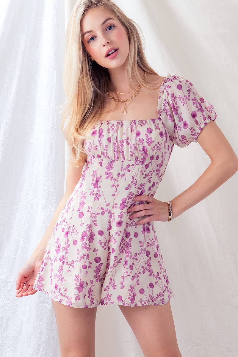 Urban Daizy Romantic Puff Sleeve Open Back Floral Romper Ivory Lavender Romper - Women's (UDZ-JR-00001) ������ï¿