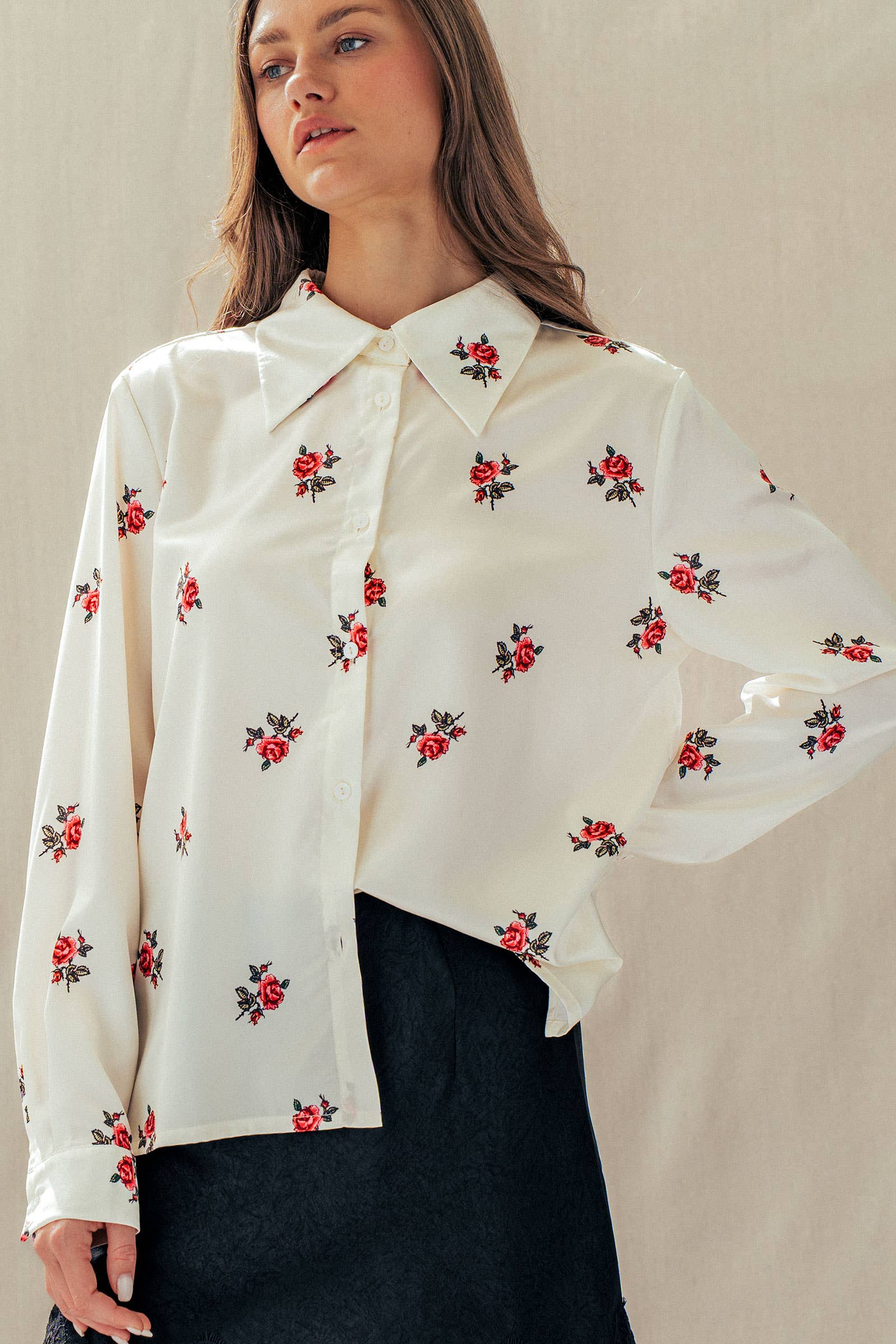 Rose Print Satin Button-Up Blouse