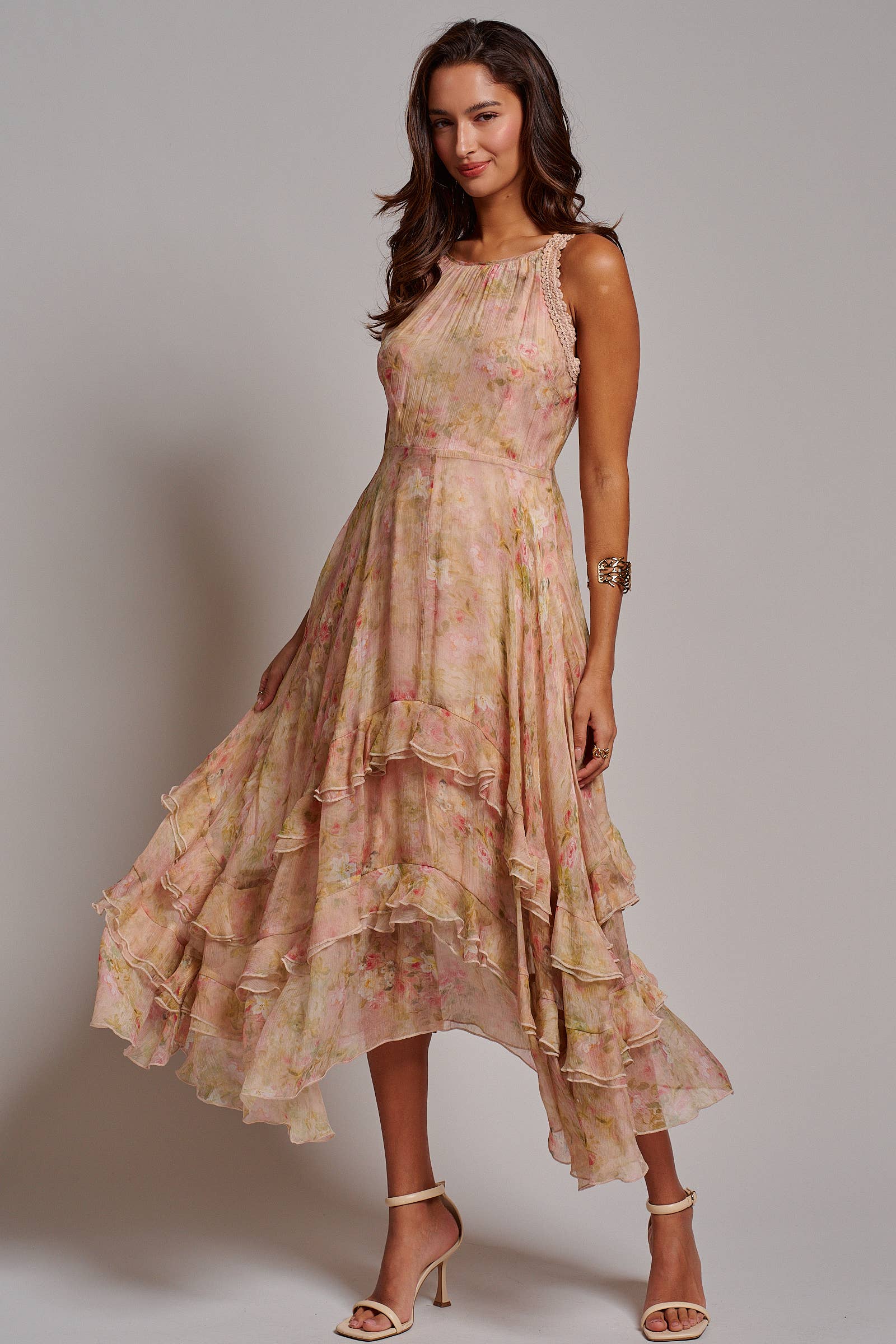 Floral Waterfall Ruffle Midi Dress Crochet Trim