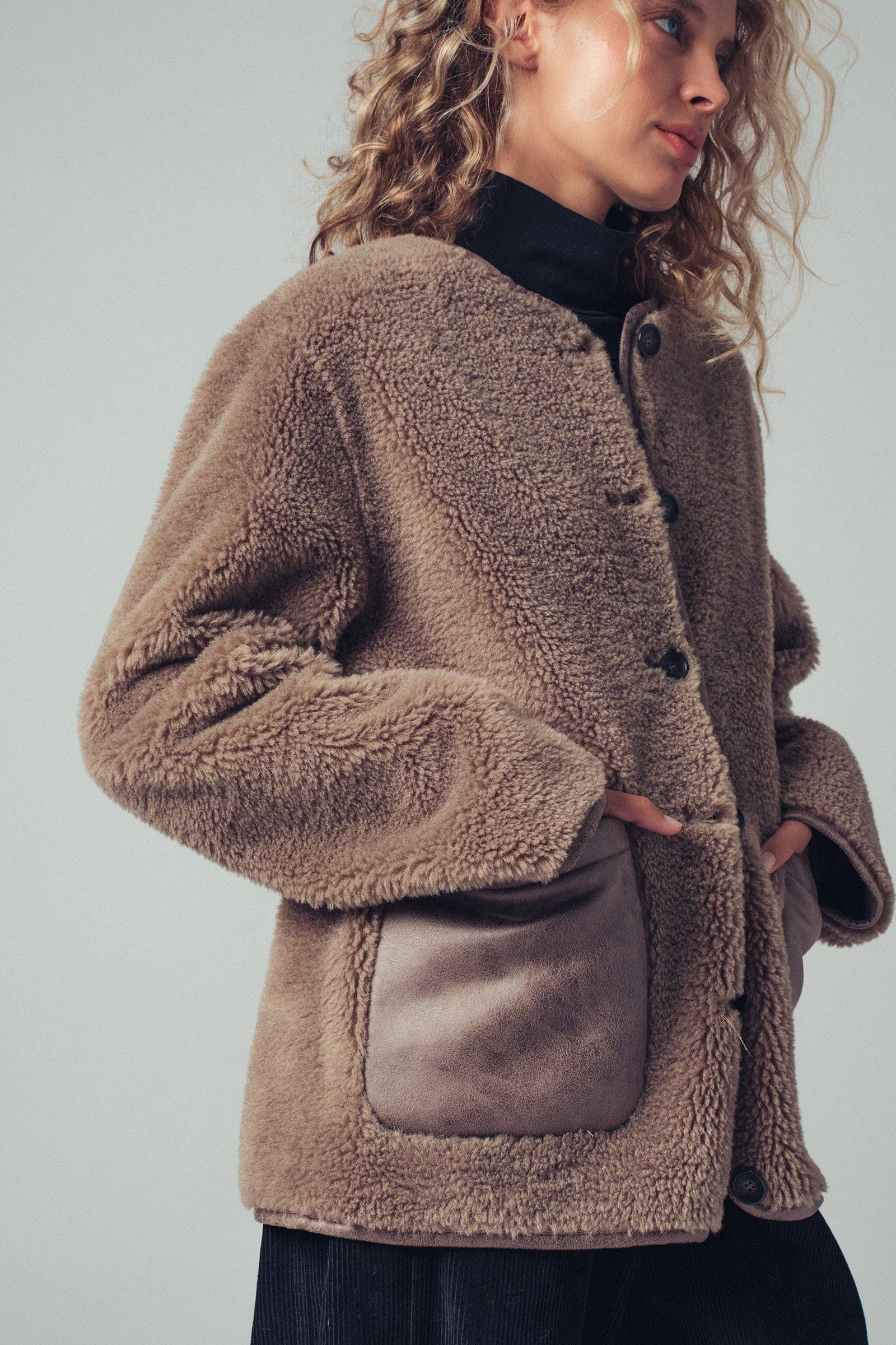 Faux Shearling Jacket with Suede Pockets