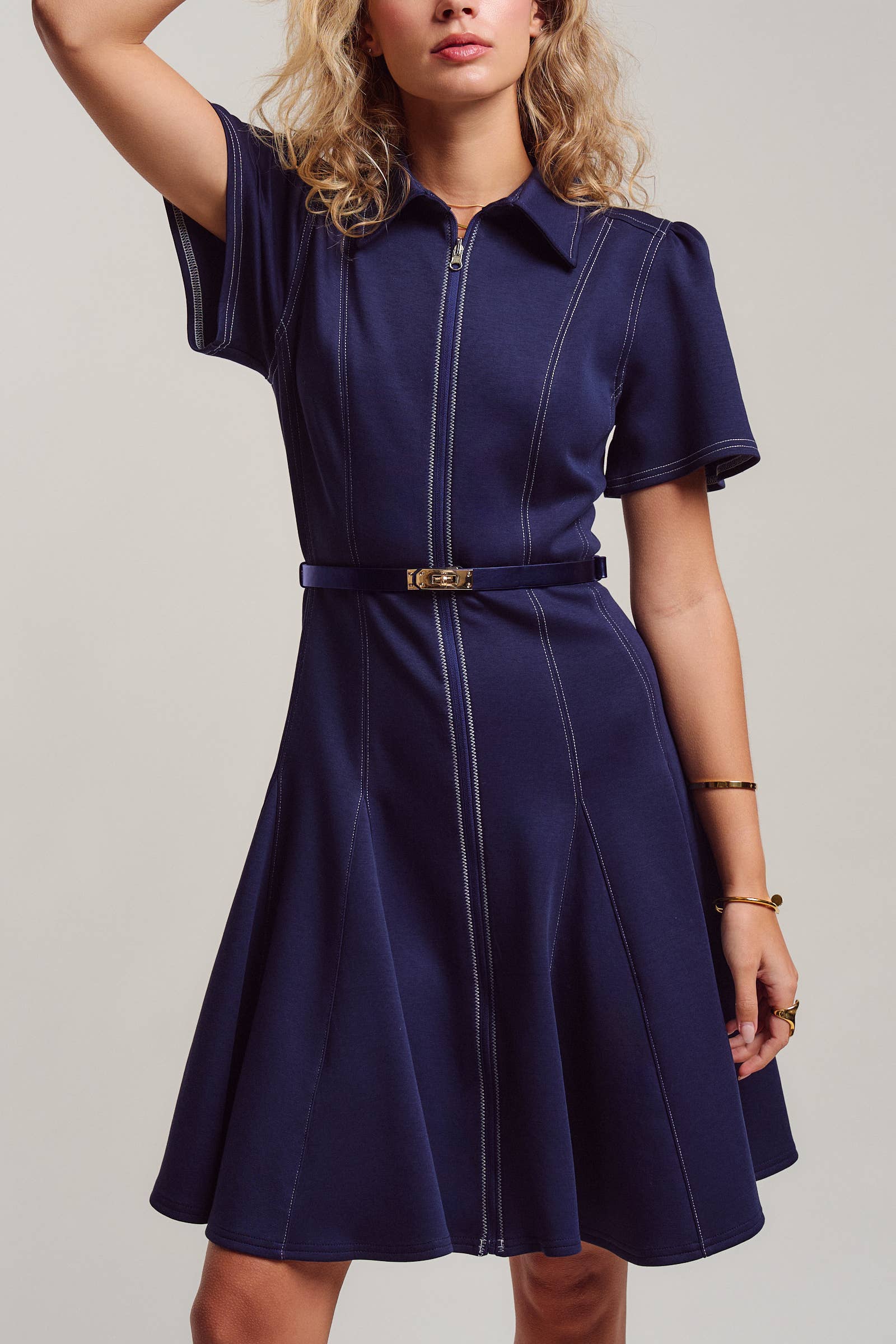 Contrast Stitch Zip Front Knit Mini Dress Belted