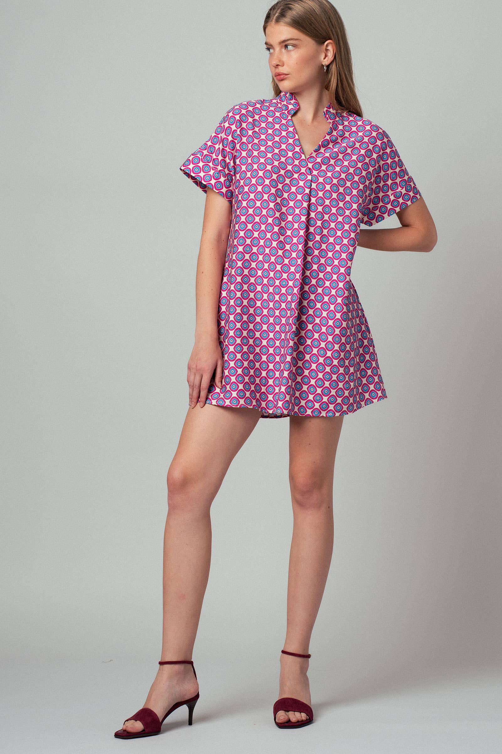Retro Geometric Print Stand Collar Mini Dress