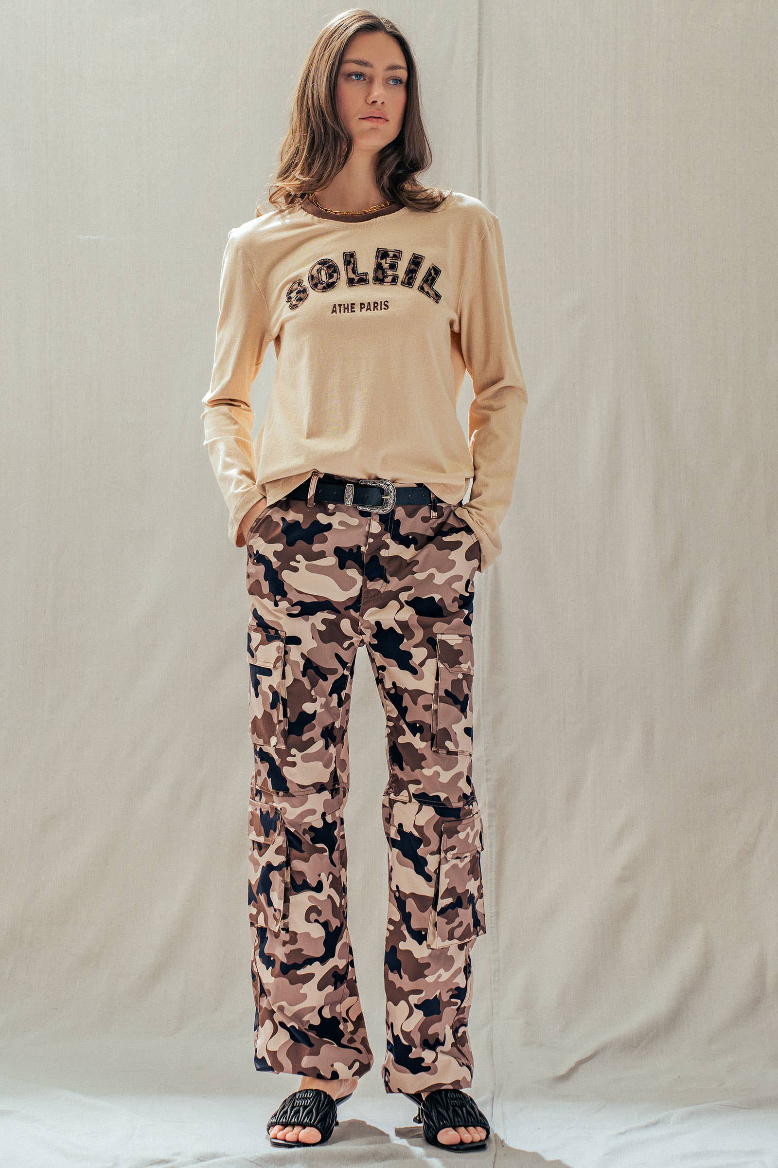 Camo Print Utility Cargo Pants with Drawstring Hem