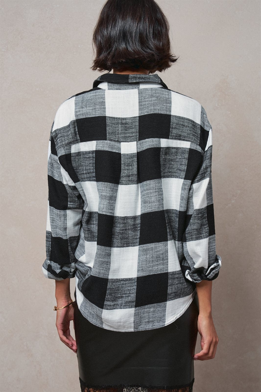 Buffalo Plaid Flannel Shirt Button Up Western Boho Top in BLACK - Women's Shirts & Blouses | Urban Daizy