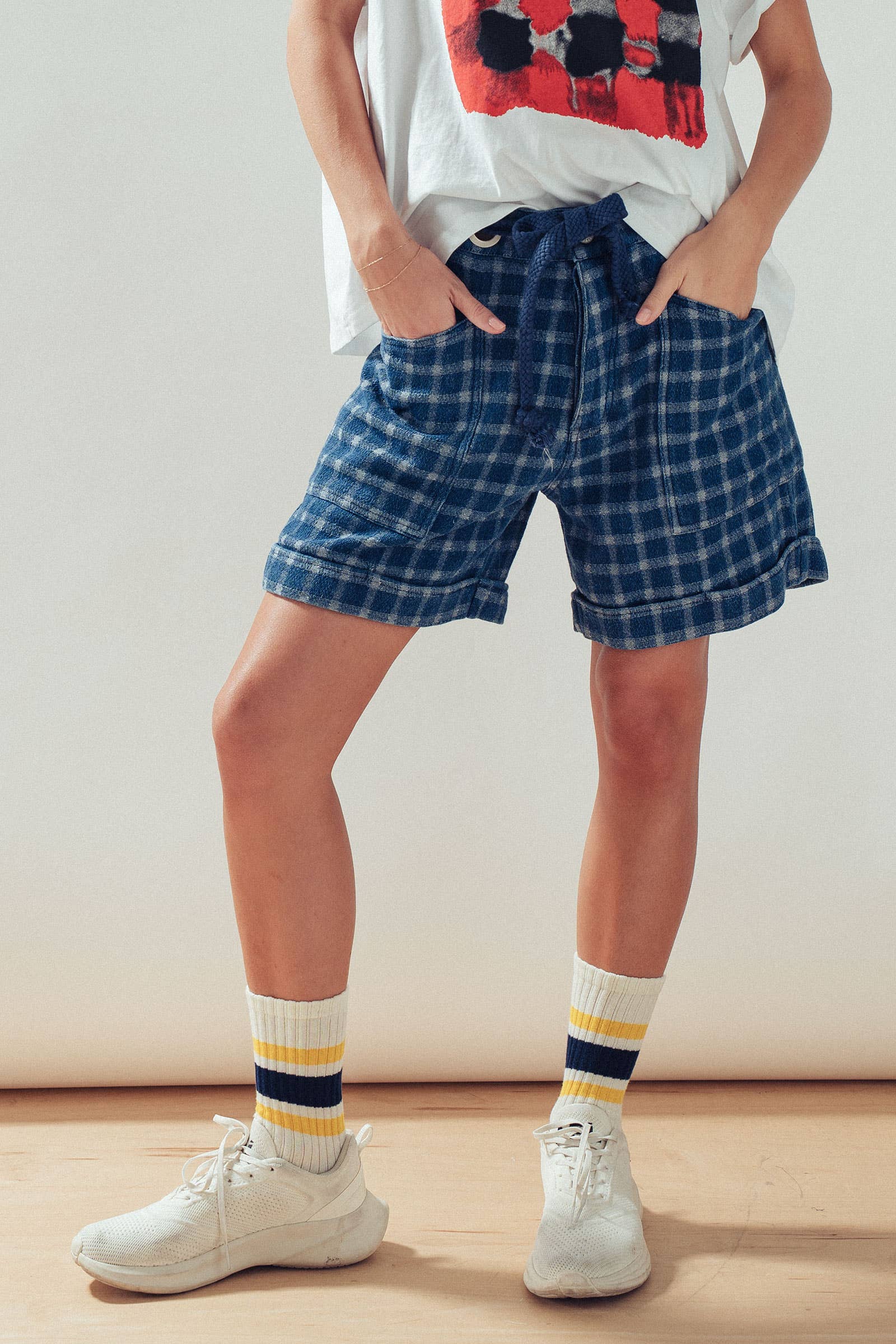 Urban Daizy Plaid Cotton Blend Shorts Rope Drawstring Blue Shorts - Women's (UDZ-PT-00480) – alternate view 5