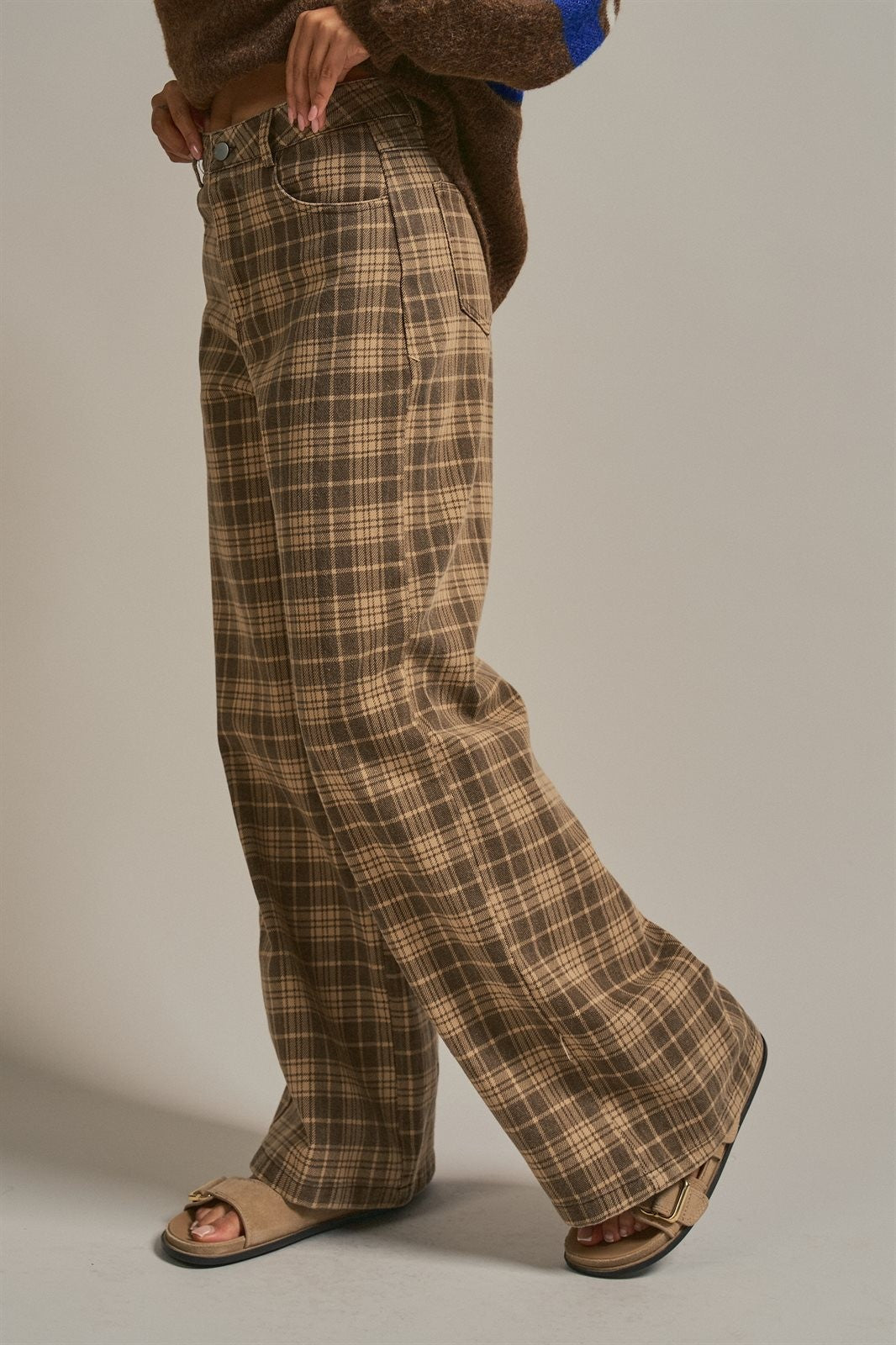Checker Plaid Wide Leg Pants Y2K Vintage Western for Women in BROWN - Women's Casual Pants | Urban Daizy