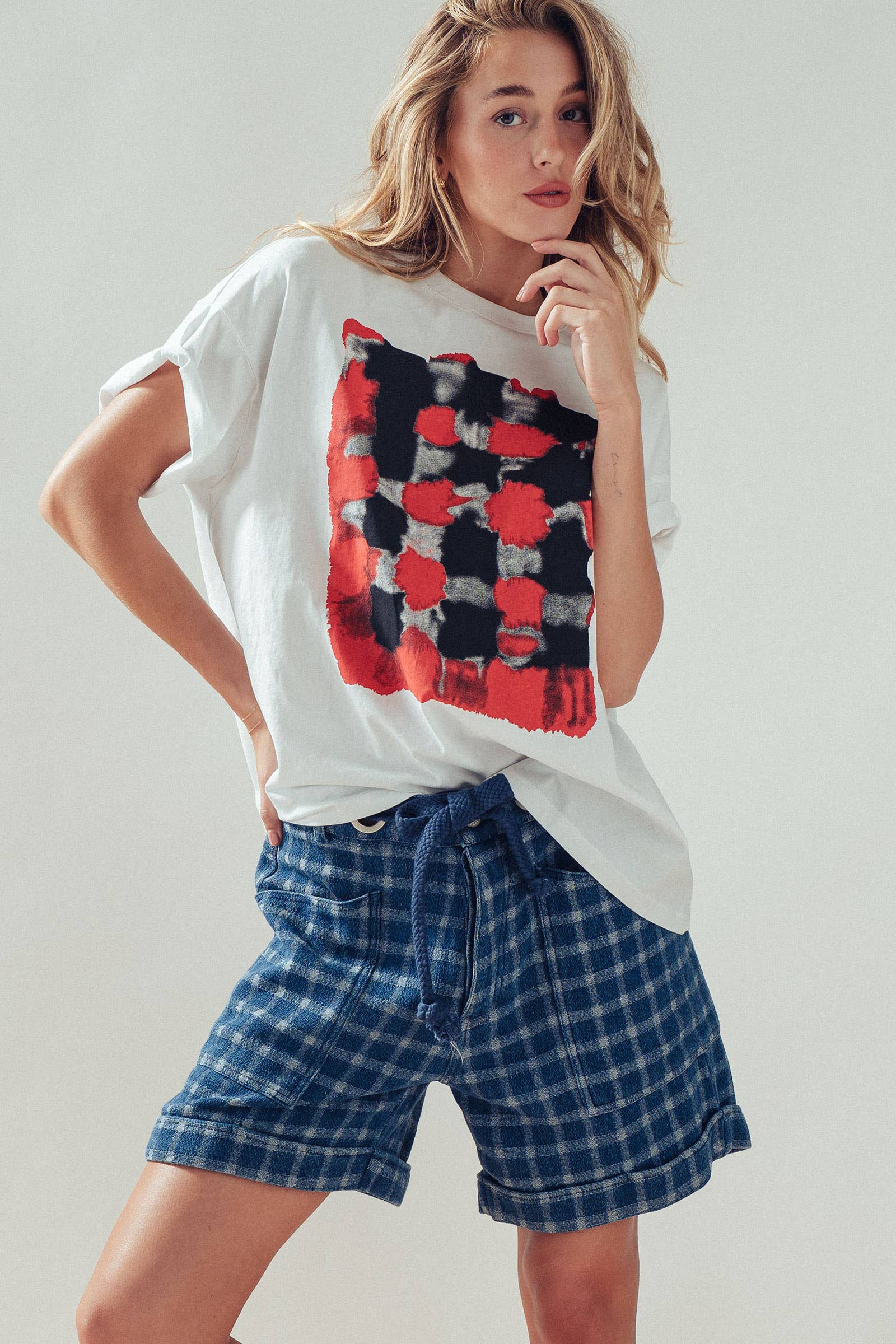 Urban Daizy Plaid Cotton Blend Shorts Rope Drawstring Blue Shorts - Women's (UDZ-PT-00480) – alternate view 7