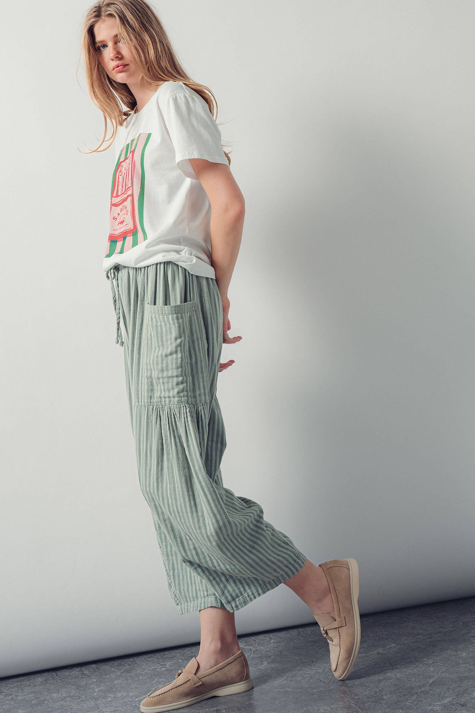 Striped Cotton Drawstring Harem Pants